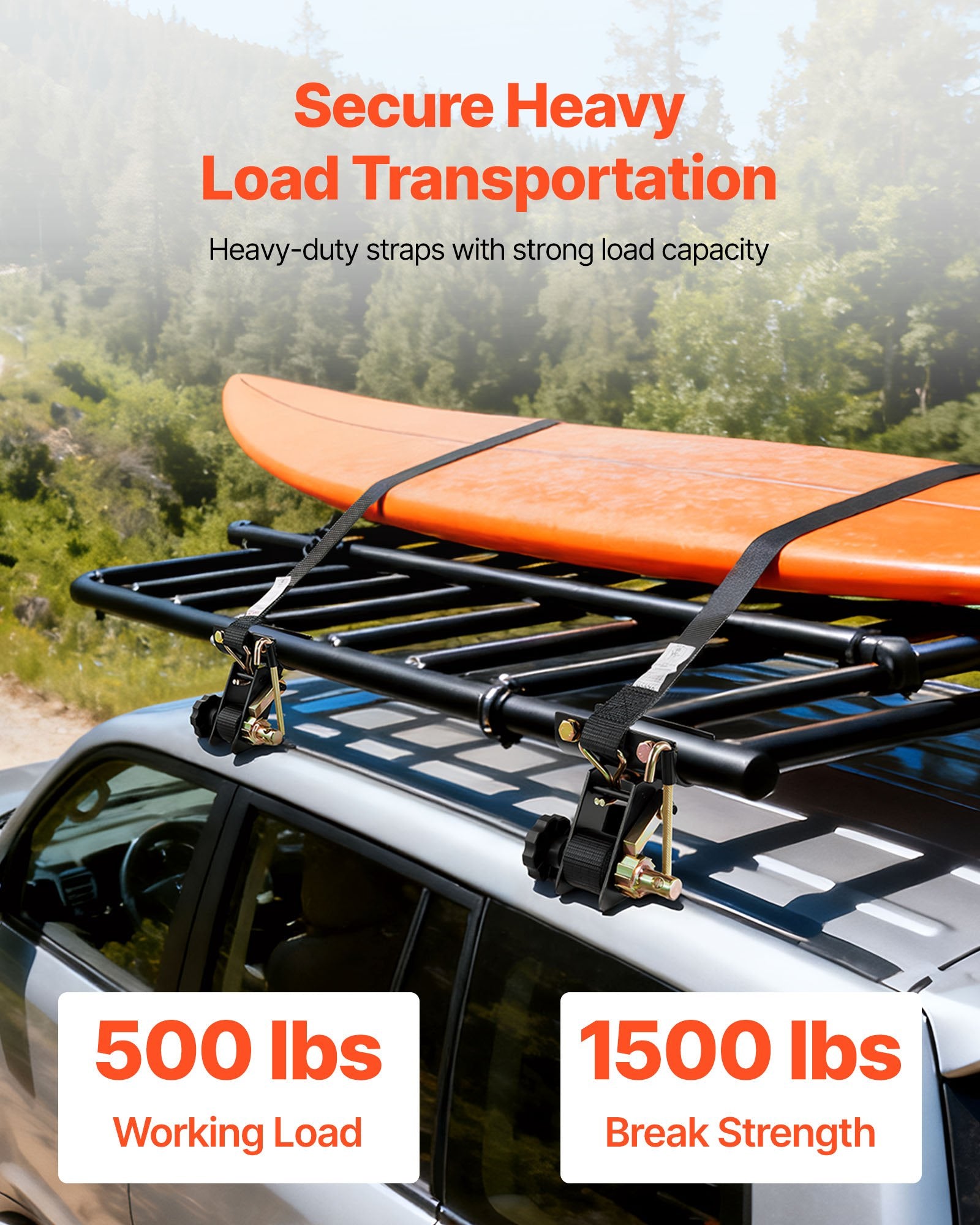 VEVOR Ladder Rack Ratchet Straps, 47.6-50.8 mm Black Round Tube Mount, 38 mm Wide x 2.25 m Long Black Ladder Rack Straps with Double J-Hooks, 226.8 kg Load Heavy Duty, Cargo Buckle Lock Strap (4 Pack)