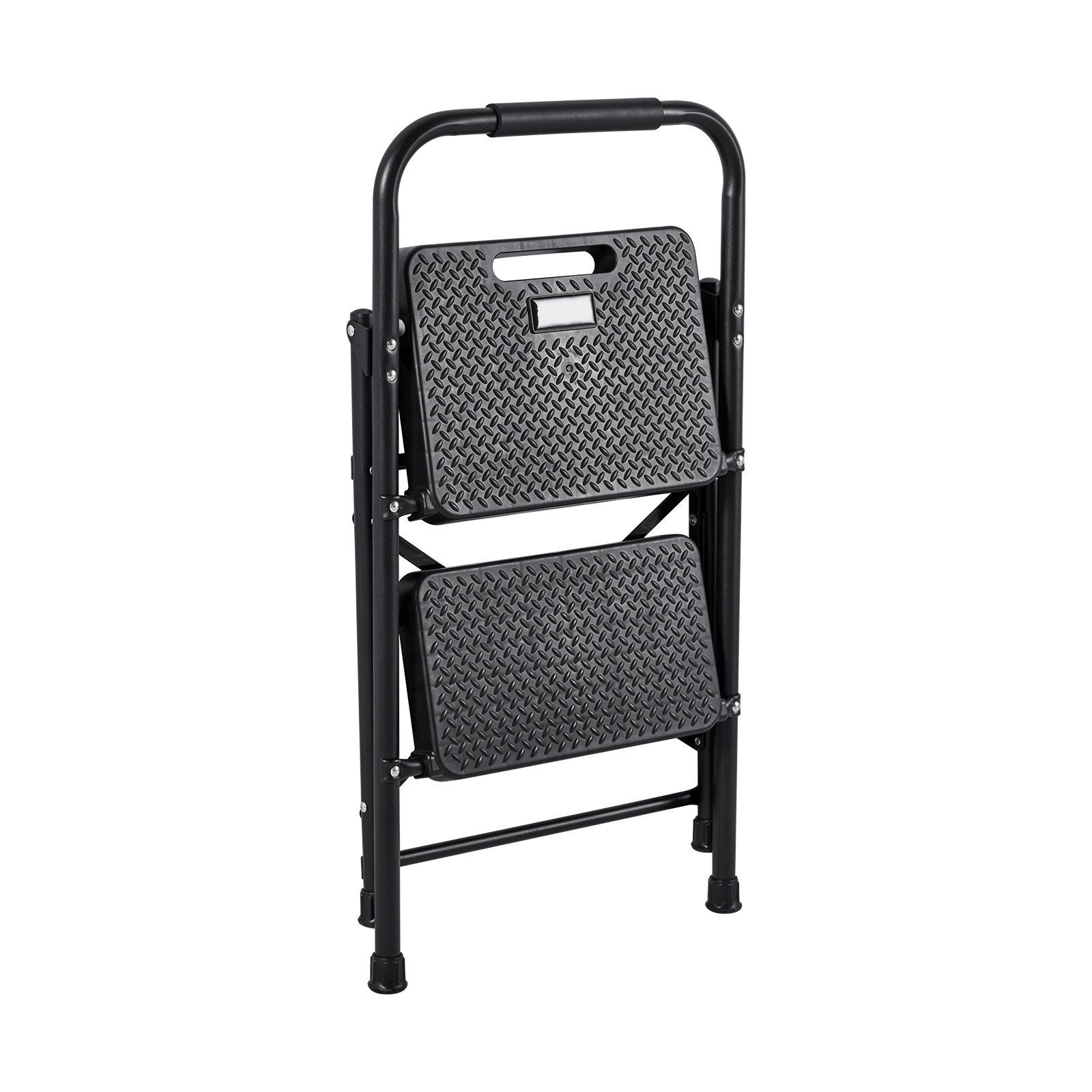 2 Step Ladder, Folding Step Stool with Wide Anti-Slip Pedal and Comfort Handgrip, Lightweight 272 kg Capacity Portable Steel Ladder, Multi-Use for Kitchen, Home, Household and Office, Black