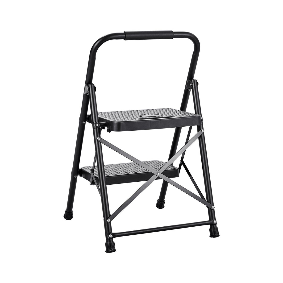 2 Step Ladder, Folding Step Stool with Wide Anti-Slip Pedal and Comfort Handgrip, Lightweight 272 kg Capacity Portable Steel Ladder, Multi-Use for Kitchen, Home, Household and Office, Black