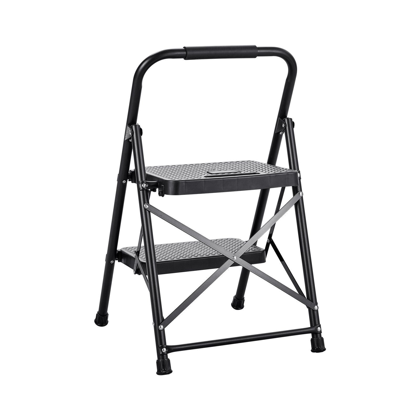 2 Step Ladder, Folding Step Stool with Wide Anti-Slip Pedal and Comfort Handgrip, Lightweight 272 kg Capacity Portable Steel Ladder, Multi-Use for Kitchen, Home, Household and Office, Black