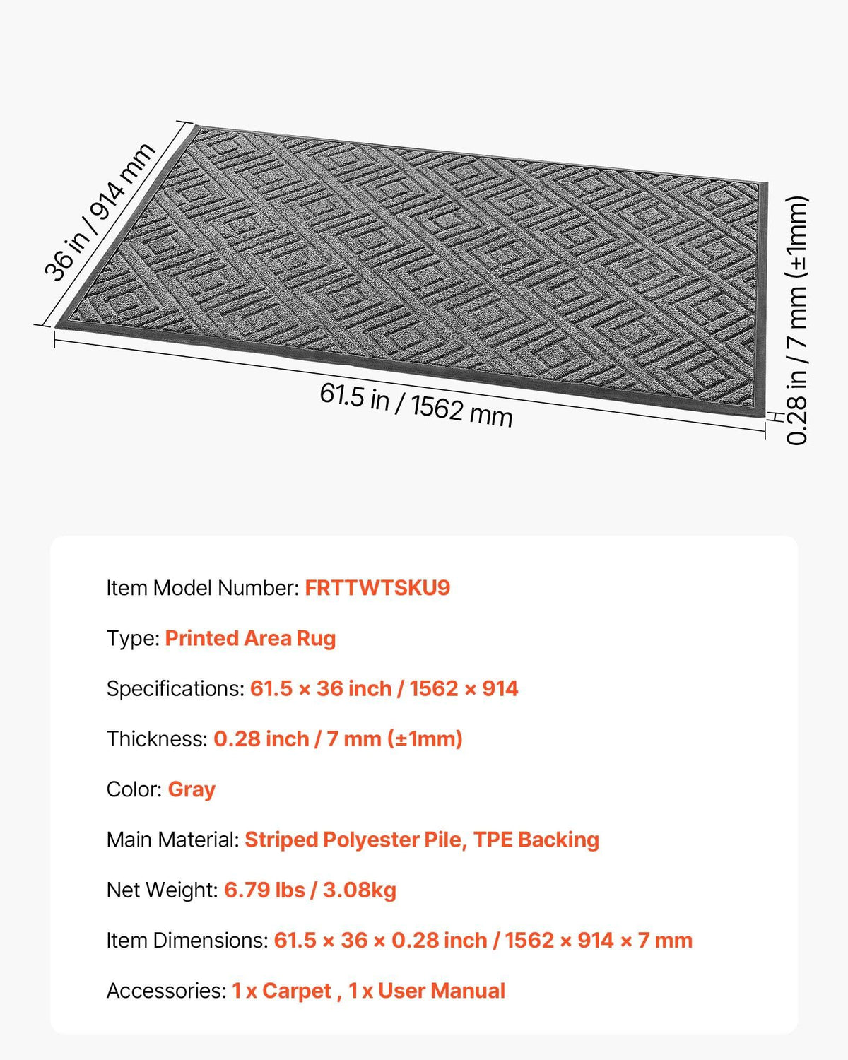 Front Door Mat, 1562 x 914 mm Commercial Floor Mat for Indoor and Outdoor, Modern Stylish Carpet with TPE Backing, Heavy Duty Washable Entry Industrial Rug for Hallway, Balcony, Garage, Grey
