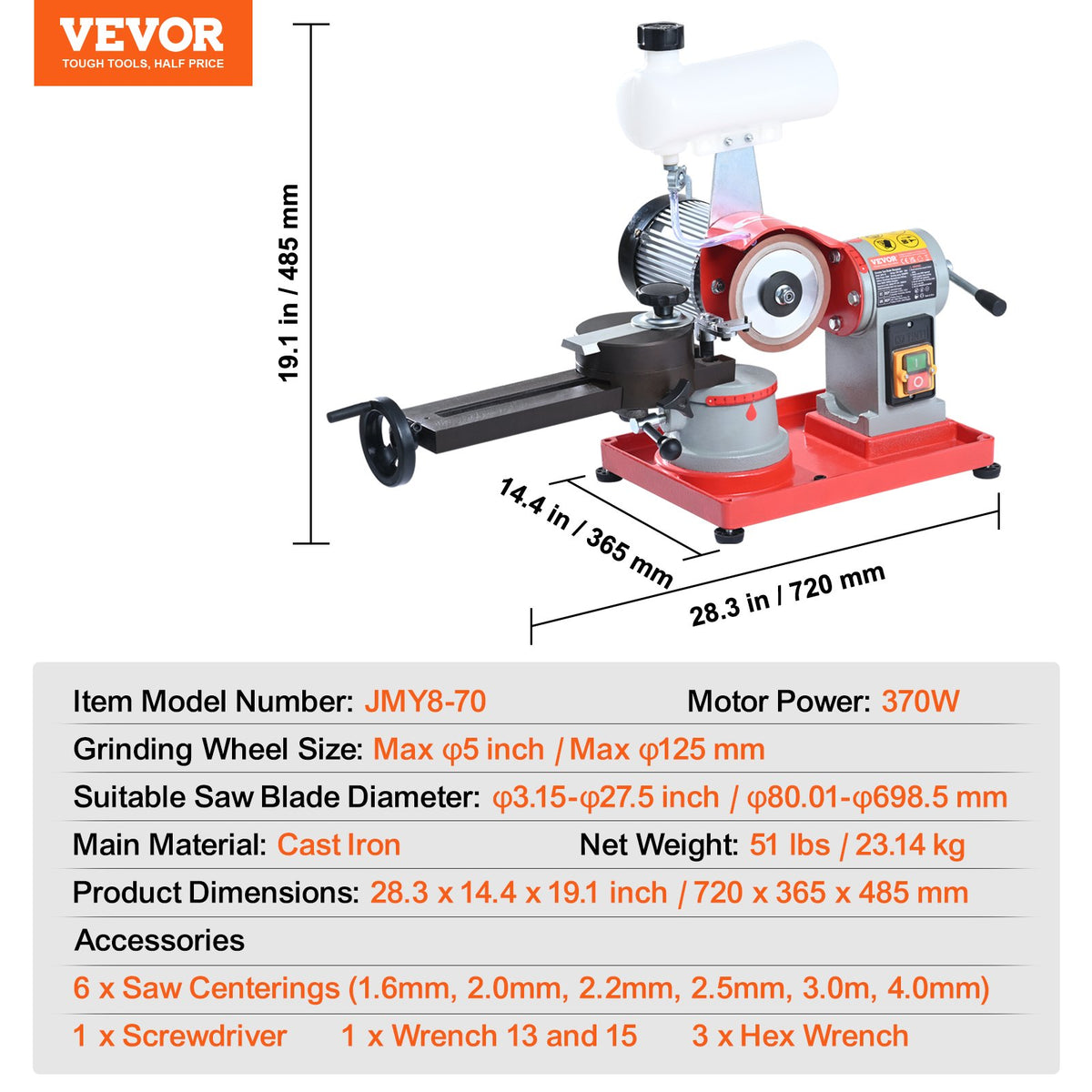 VEVOR Circular Saw Blade Sharpener, 370W Saw Blade Grinding with Water Injection, Water Injection Circular Saw Blade Sharpening & 6 Saw Centerings, 5-inch Grinding Wheel for Carbide Tipped Saw Blades