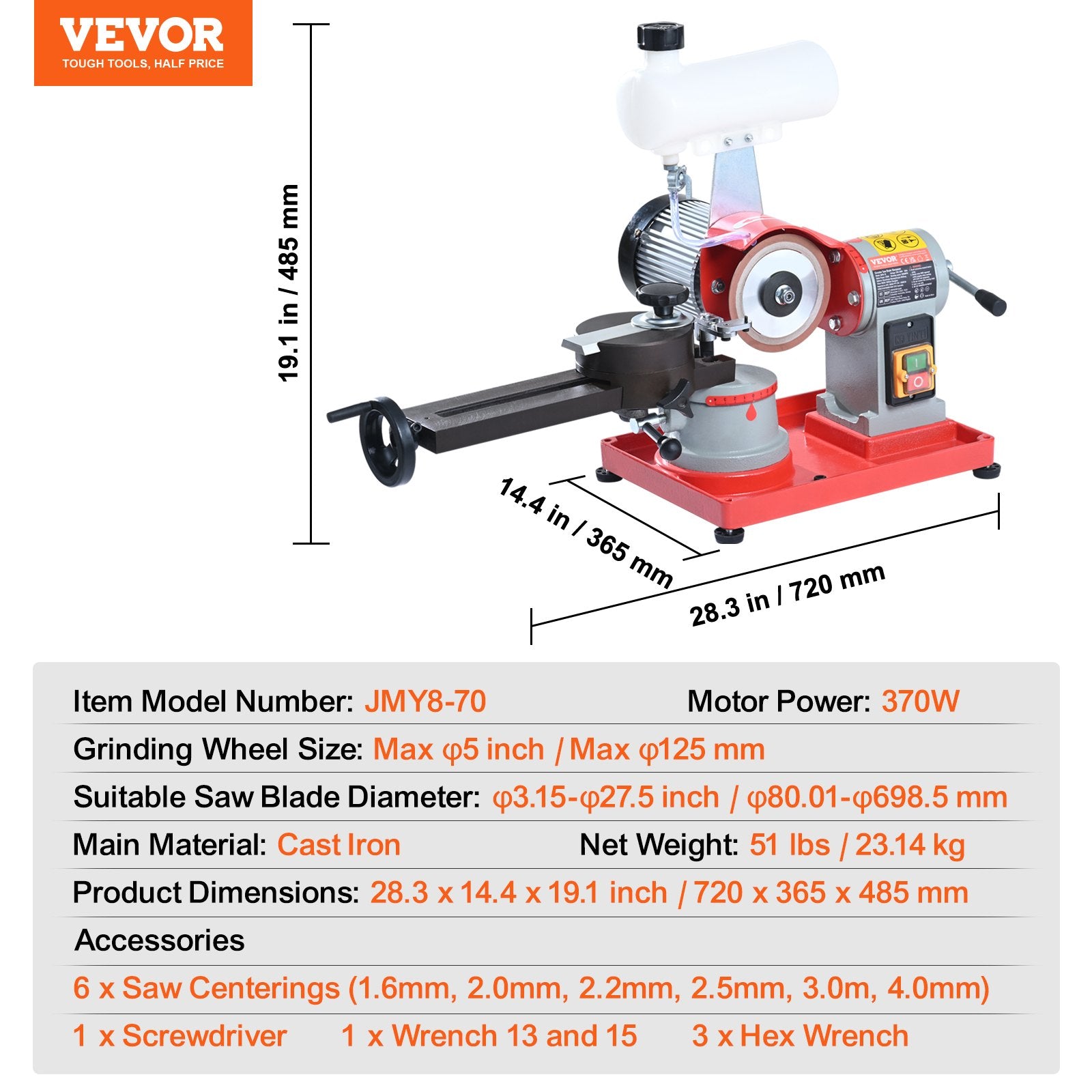 VEVOR Circular Saw Blade Sharpener, 370W Saw Blade Grinding with Water Injection, Water Injection Circular Saw Blade Sharpening & 6 Saw Centerings, 5-inch Grinding Wheel for Carbide Tipped Saw Blades