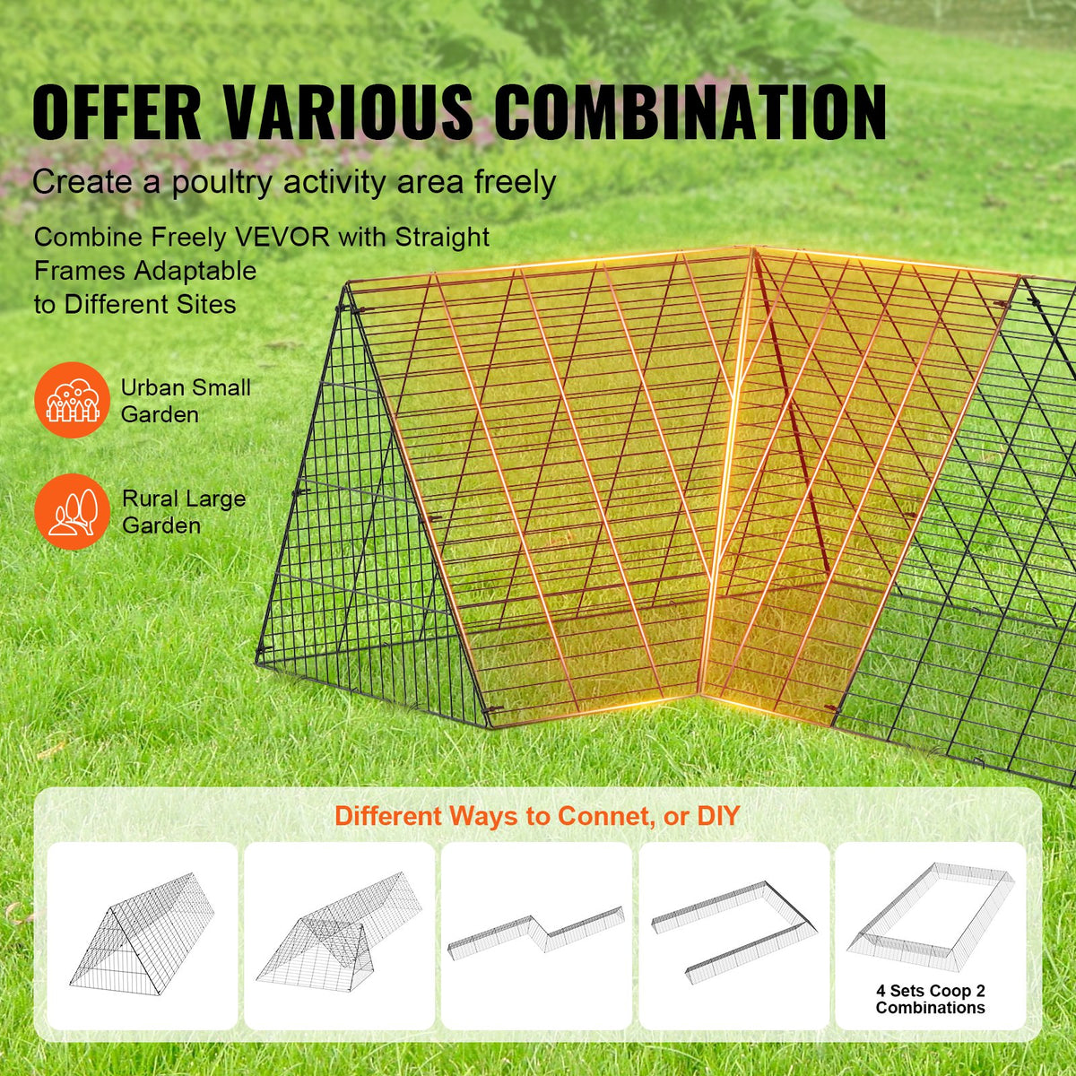 VEVOR Chicken Tunnels, 729 x 200 x 61.5cm(LxWxH) Chicken Tunnels for Yard, Portable Chicken Tunnels for Outside with Corner Frames, 2 Sets, Suitable for Chickens, Ducks, Rabbits