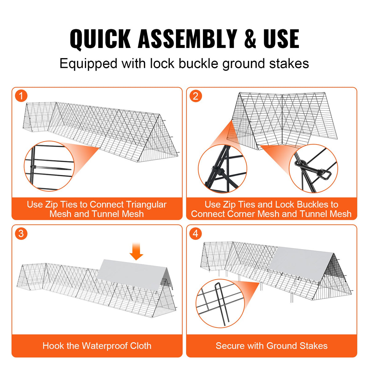VEVOR Chicken Tunnels, 400x100x61.5 cm(LxWxH) Chicken Tunnels for Yard, Portable Chicken Tunnels for Outside with Corner Frames, Chicken Coop Run, Suitable for Chickens, Ducks, Rabbits