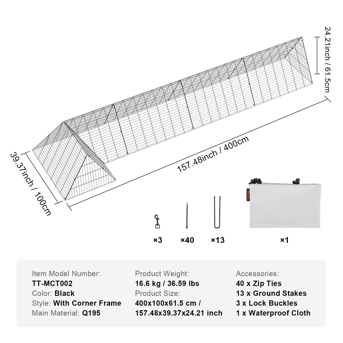 VEVOR Chicken Tunnels, 400x100x61.5 cm(LxWxH) Chicken Tunnels for Yard, Portable Chicken Tunnels for Outside with Corner Frames, Chicken Coop Run, Suitable for Chickens, Ducks, Rabbits