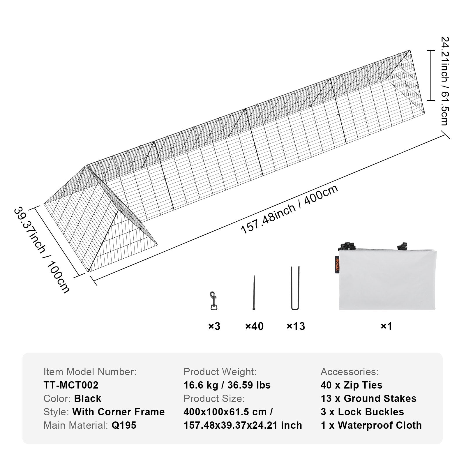 VEVOR Chicken Tunnels, 400x100x61.5 cm(LxWxH) Chicken Tunnels for Yard, Portable Chicken Tunnels for Outside with Corner Frames, Chicken Coop Run, Suitable for Chickens, Ducks, Rabbits