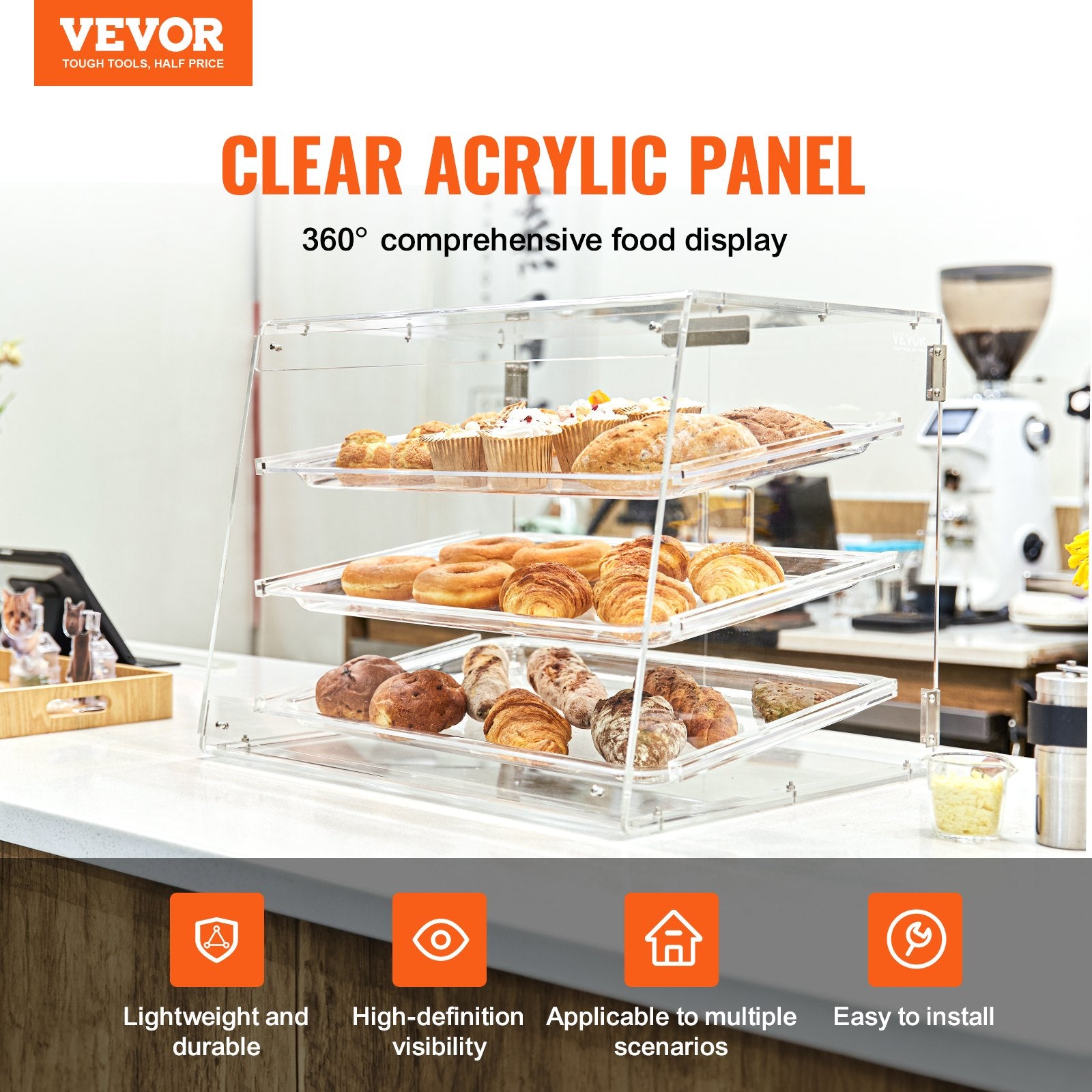 VEVOR Pastry Display Case, 3-Tier Commercial Countertop Bakery Display Case, Acrylic Display Box with Rear Door Access & Removable Shelves, Keep Fresh for Donut Bagels Cake Cookie