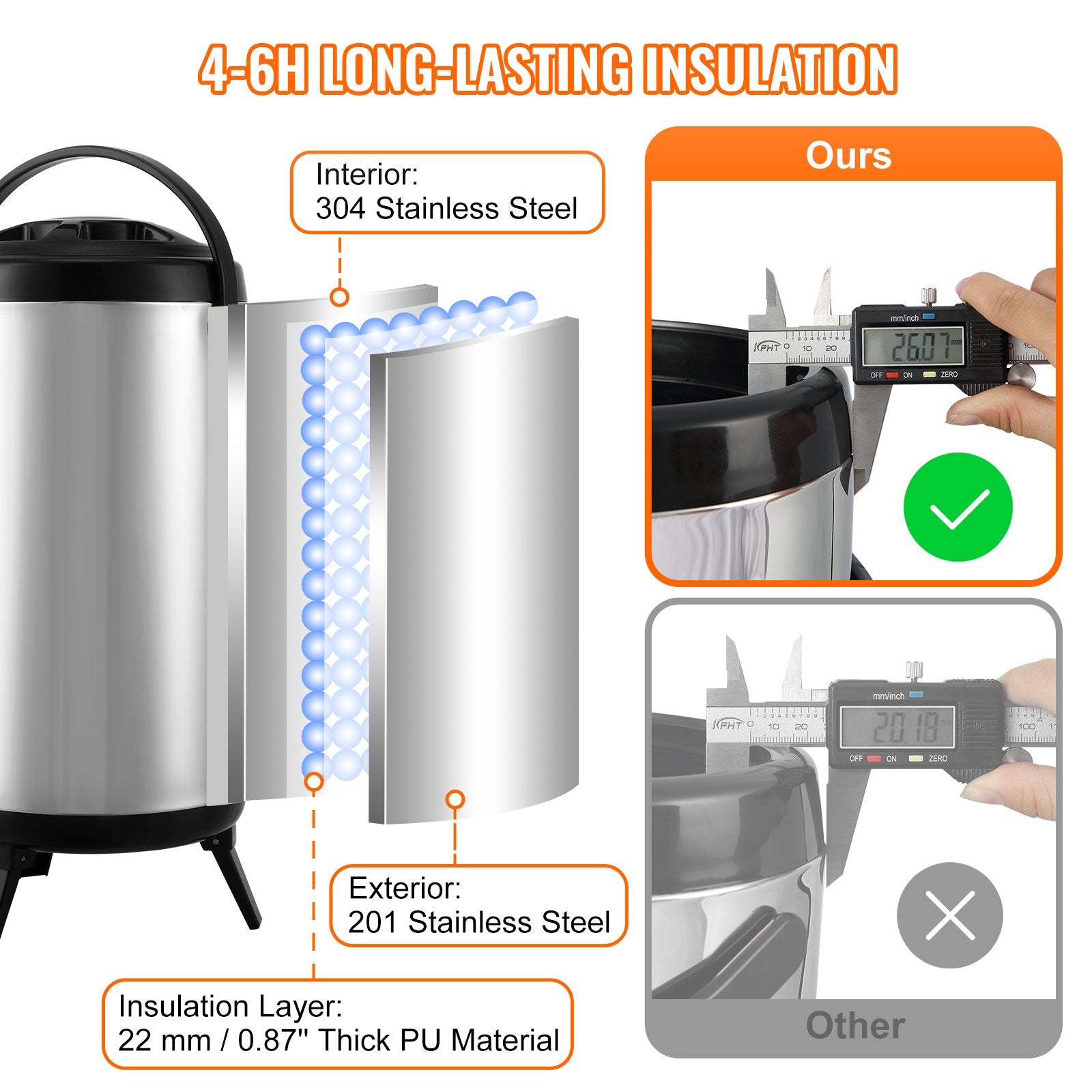 VEVOR Stainless Steel Insulated Beverage Dispenser, 9.2 Liter, Thermal Hot and Cold Drink Server Dispenser with Spigot Handle, Food-grade for Hot Tea Coffee Water Restaurant Drink Shop