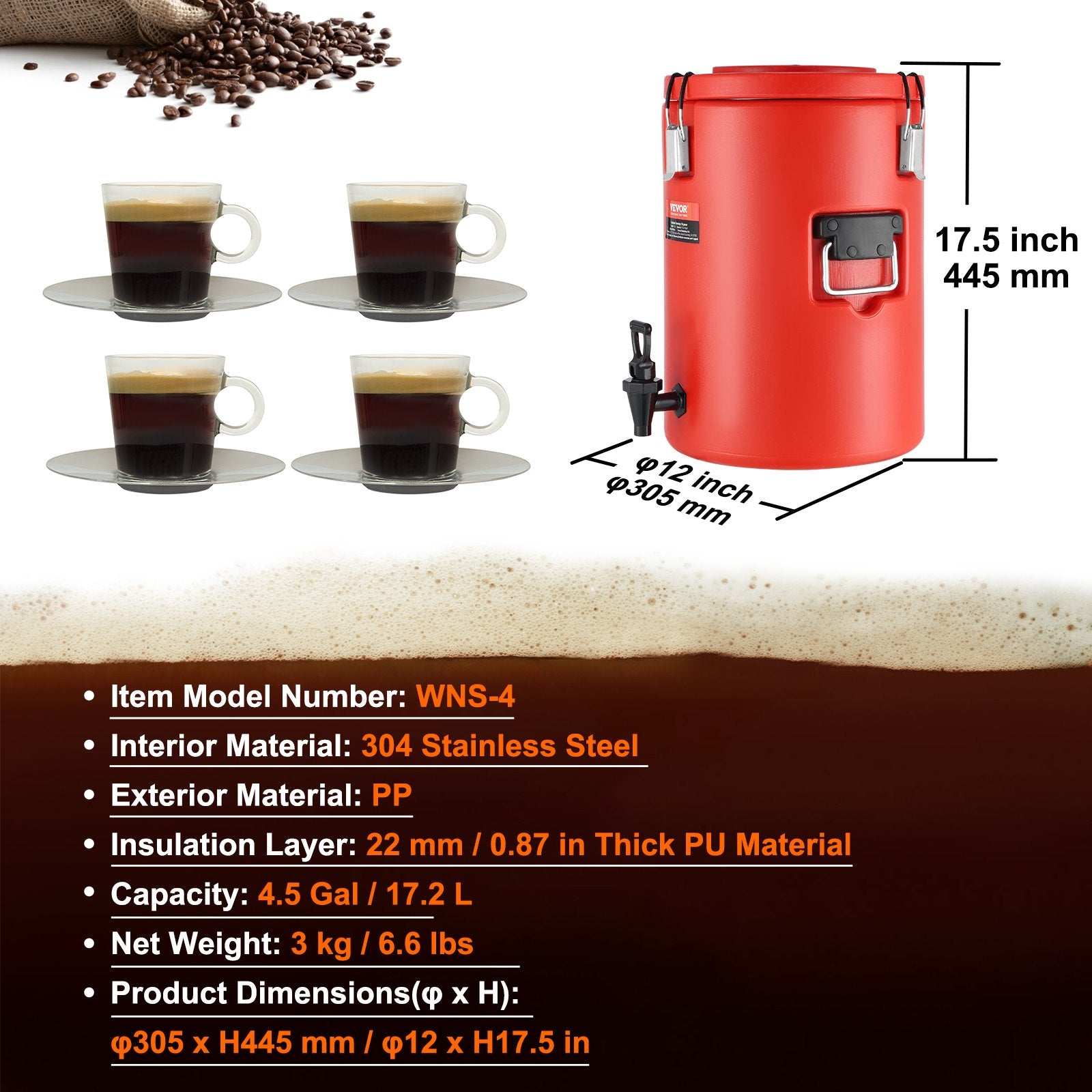 VEVOR Stainless Steel Insulated Beverage Dispenser, 17.2 Liter, Thermal Hot and Cold Drink Server Dispenser with Spigot Handle, Food-grade for Hot Tea Coffee Water Restaurant Drink Shop