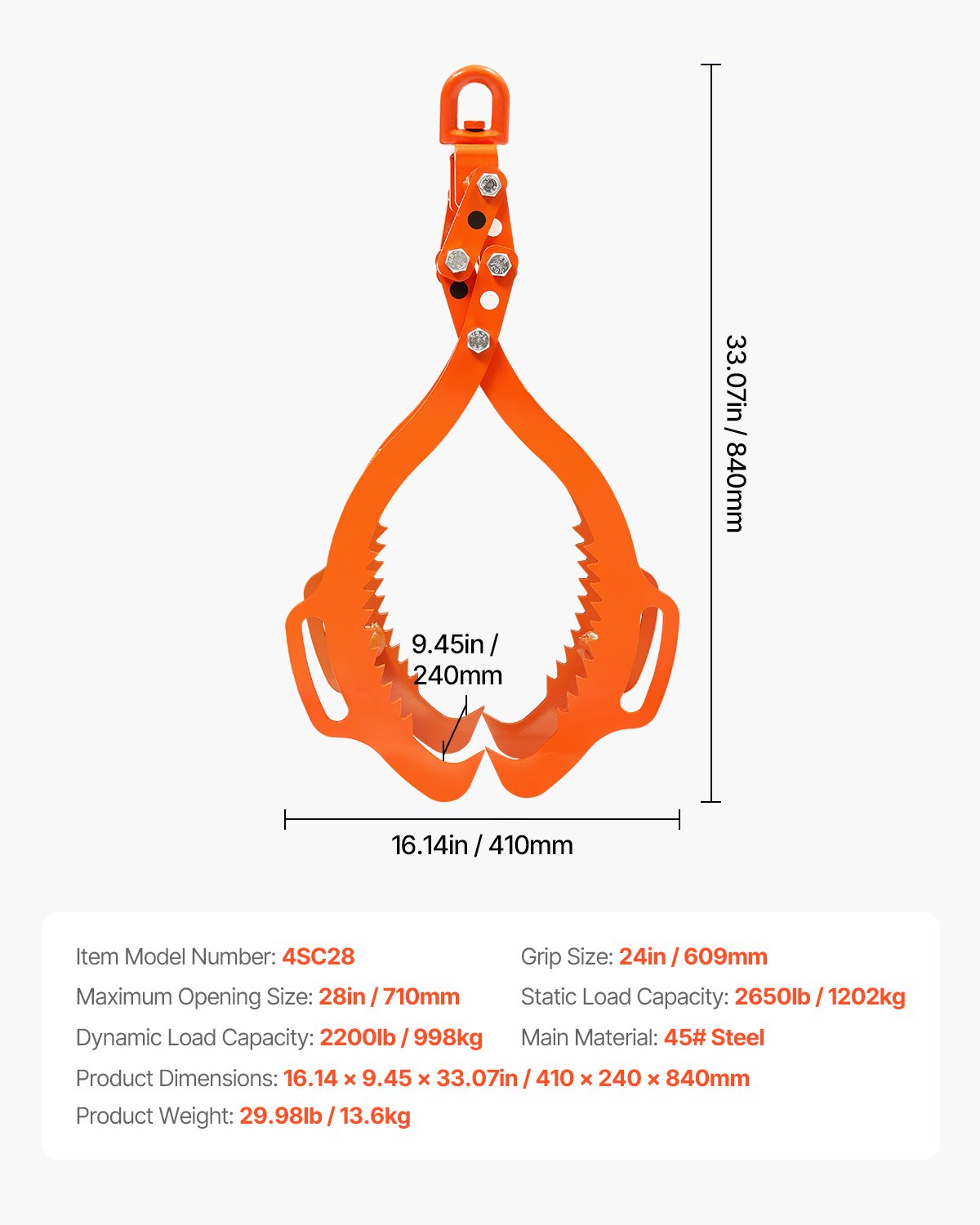 VEVOR 28in Log Lifting Tongs, 4-Claw Log Tongs, Heavy Duty Steel Log Grapple, 2650LBS Lifting Capacity, Swivel Log Graper Timber, Eagle Claw Design, Log Skidding Tongs for Trucks, Tractors, Forklifts