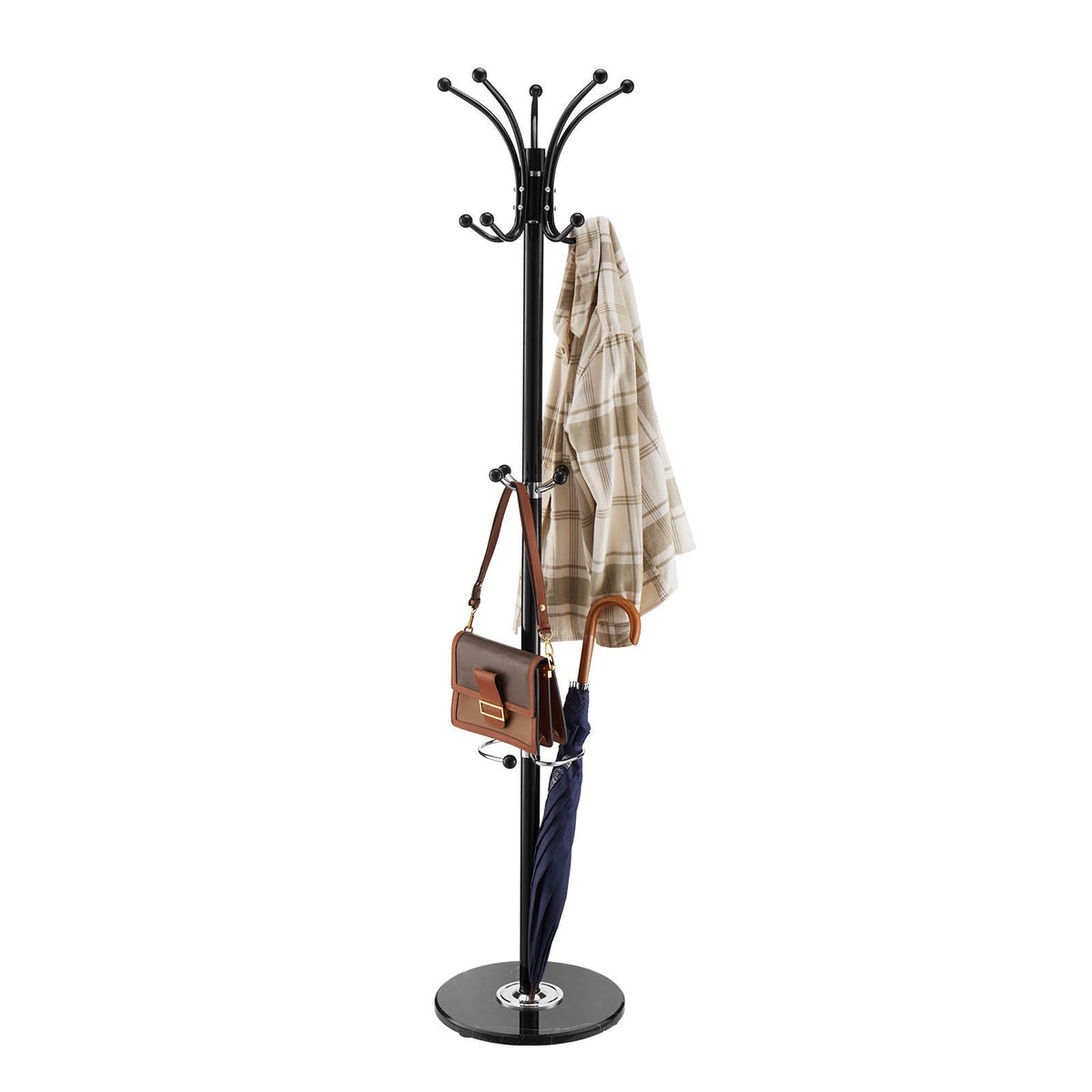 Freestanding Coat Rack, Metal Coats Rack Stand with Umbrella Holder, Stable Marble Base &amp; 14 Hooks, Hall Coat Tree for Entryway, Bedroom, Living Room, Stylish Coats Hanger for Hats, Scarves, Bag
