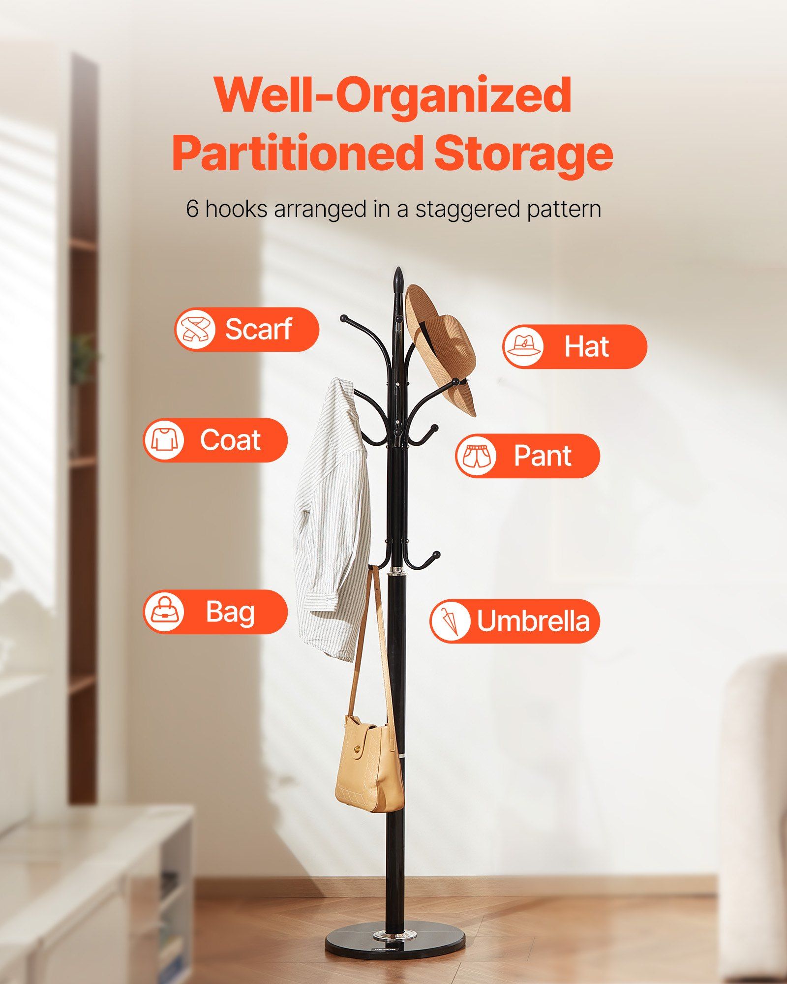 Coat Rack Freestanding, Coats Tree Stand with Stable Marble Base & 6 Hooks, Free Standing Hall Coat Rack for Entryway, Bedroom, Office, Living Room, Modern Clothes Hanger for Coats, Hats, Bags