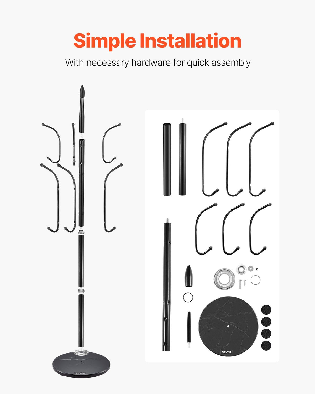 Coat Rack Freestanding, Coats Tree Stand with Stable Marble Base & 6 Hooks, Free Standing Hall Coat Rack for Entryway, Bedroom, Office, Living Room, Modern Clothes Hanger for Coats, Hats, Bags