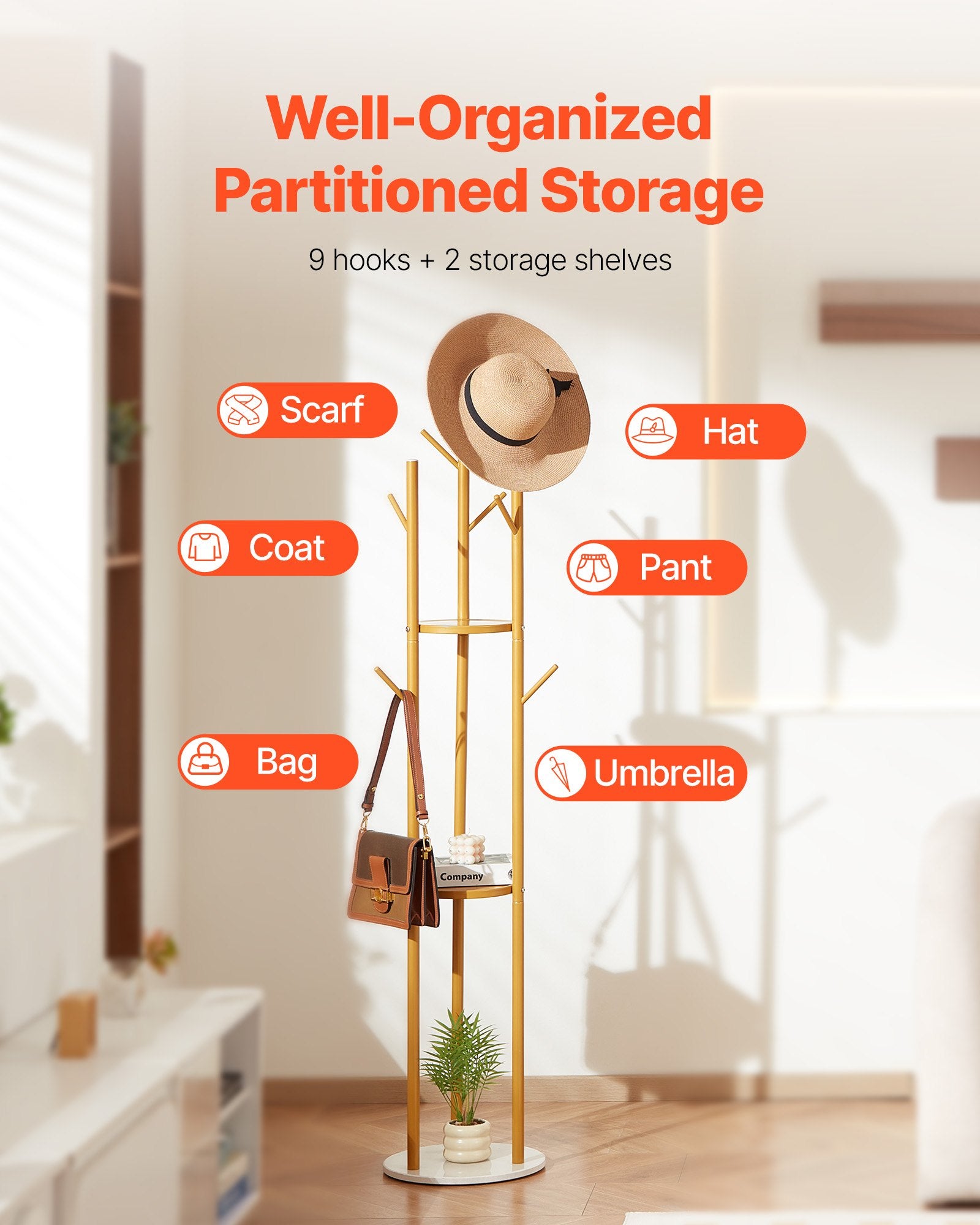 VEVOR Coat Rack, Freestanding Coat Rack Stand with Quartz Stone Base & 9 Hooks, Free Standing Hall Coat Tree for Entryway, Bedroom, Office, Living Room, Modern Clothes Hanger for Coat, Hat, Scarf, Bag