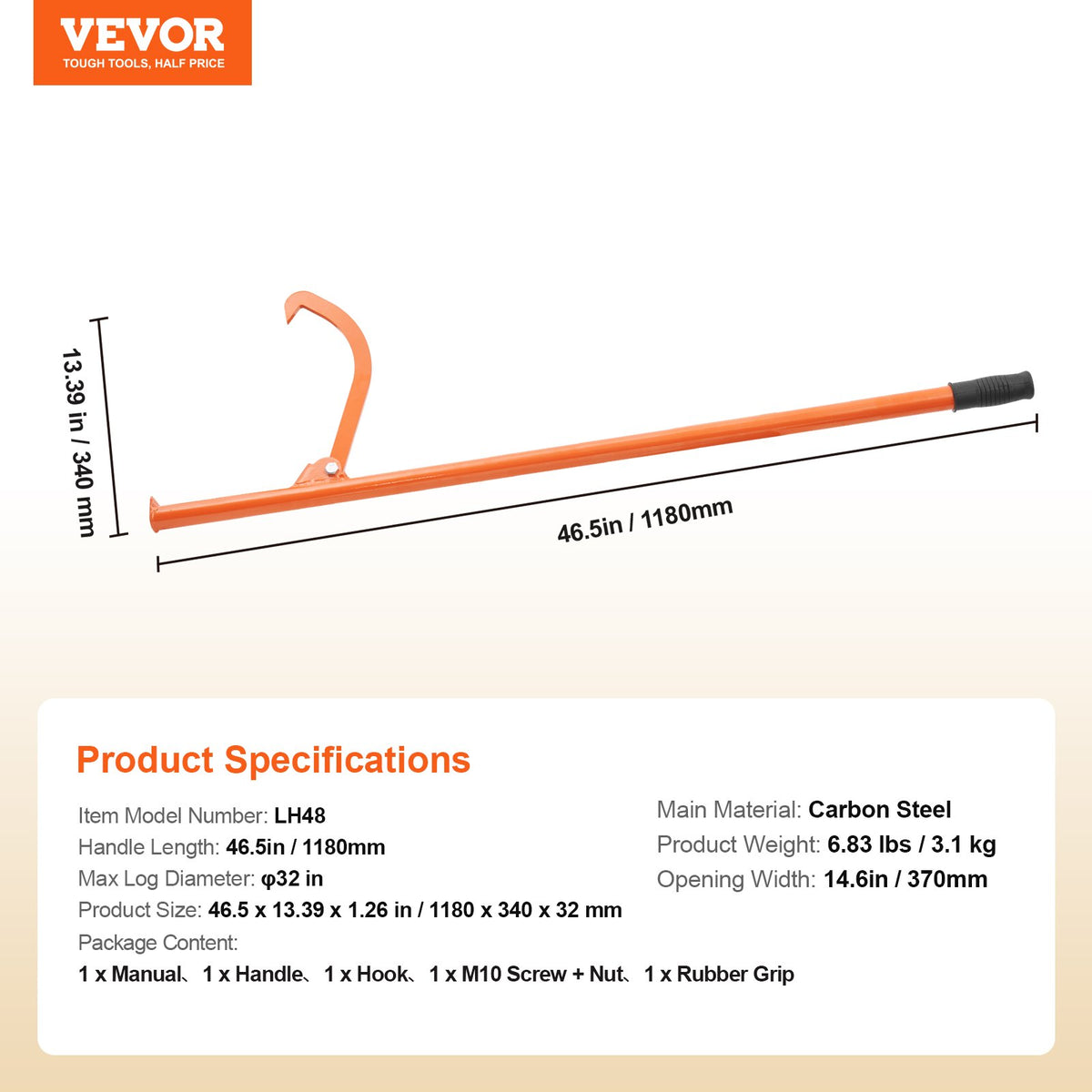 VEVOR Cant Hook Tool, 46.5 in, Heavy Duty Steel Log Roller, Log Lifter Timber Jack 32" Dia Logs, Forestry Logging Tools, Dual Function Log Handler for Rolling and Clamping Logs