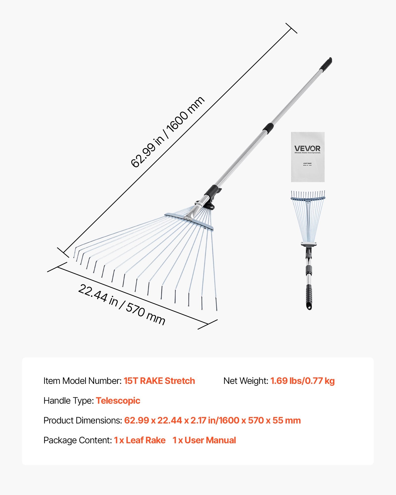 VEVOR Leaf Rake, 15 Metal Tines, Adjustable Garden Rake for Lawns with 19-57 cm Wide Head and 81.3-160 cm Long Handle, Heavy Duty Stainless Steel Small Leaves Tool for Gardening Camping Yard Grass