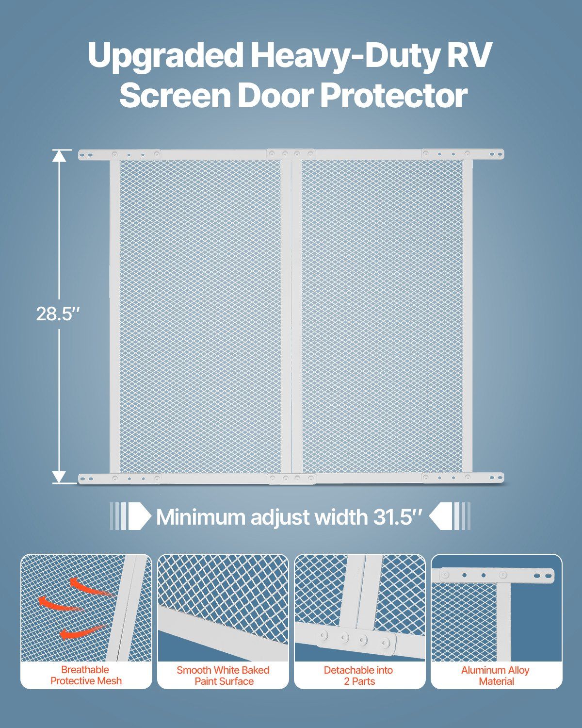 RV Screen Door Protector, 800 x 723.9 mm Door Grille, Easy to Install and Disassemble, Reinforced Breathable Protective Mesh, Aluminum Alloy Camper RV Entry Protector for Pet Protection, White