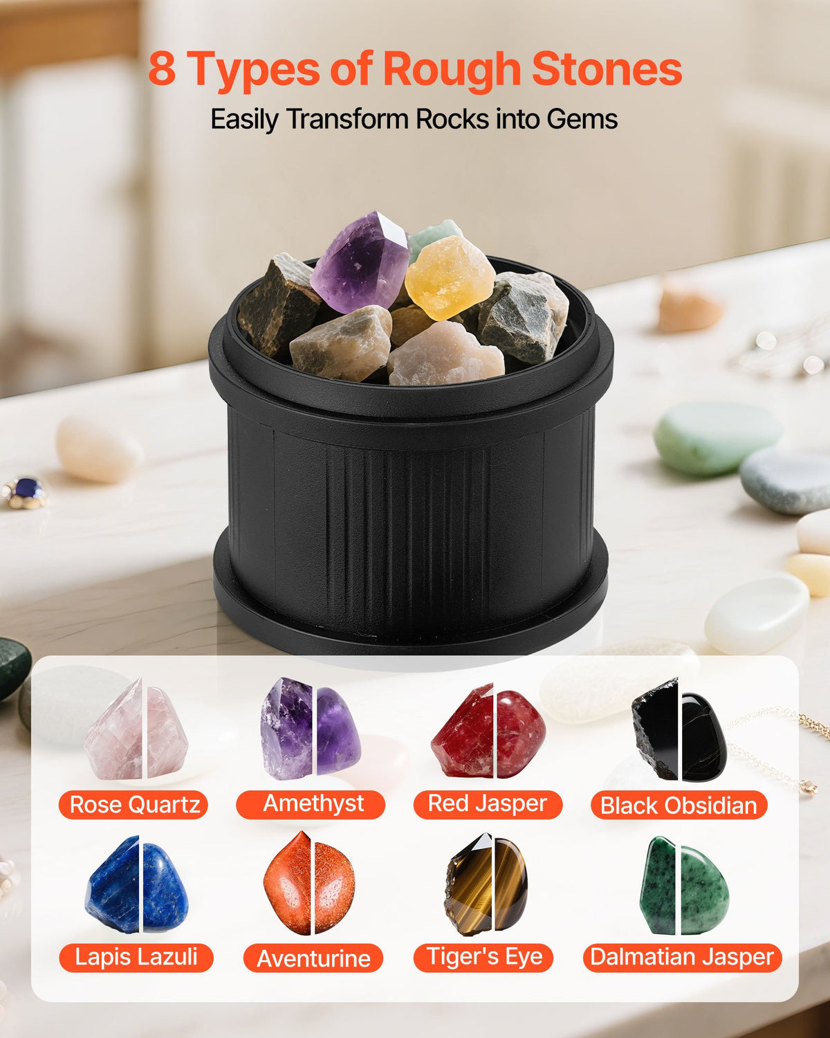 VEVOR Rock Tumbler Kit, 3 lbs Rock Polishing Kit, 4 Speed Settings 9-Day Polishing Timer Stone Polishing Kit, Rock Polisher with Rough Gemstones and Polishing Grits, Rock Polisher for Adults Kids