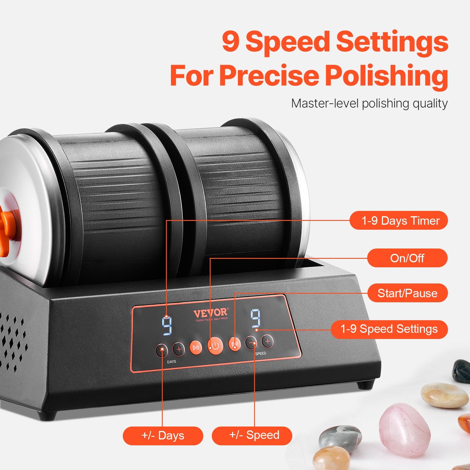 Rock Tumbler Machine 8 lbs Rock Polishing Kit 9 Speed 9-Day Timer Dual Barrels