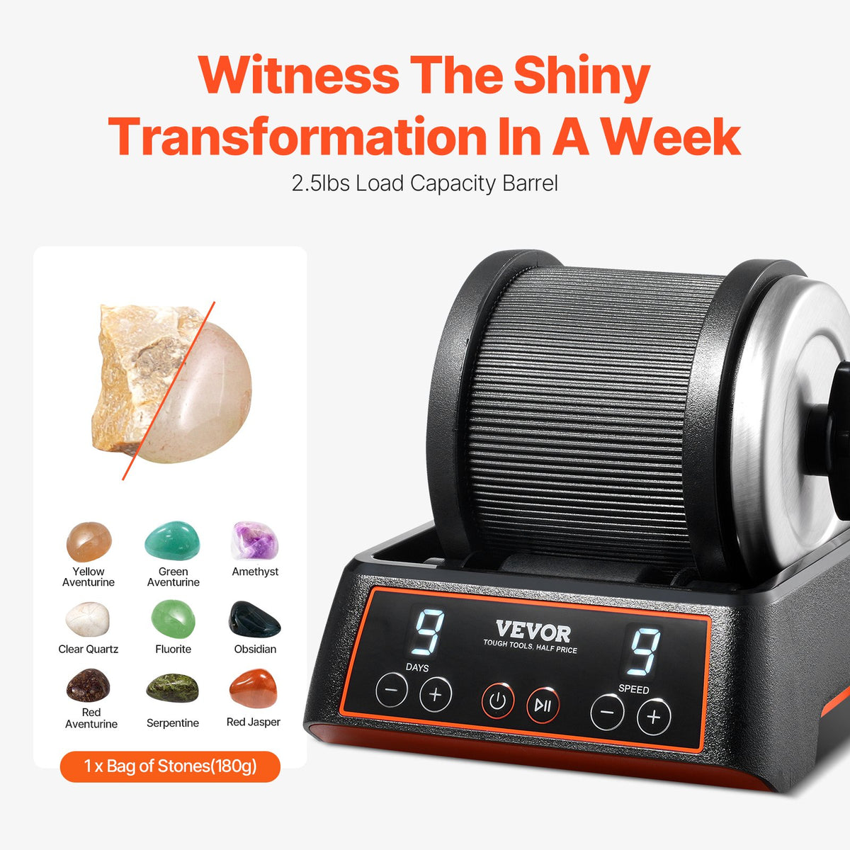 VEVOR Rock Tumbler Kit, 2.5 lbs Rock Polishing Kit, 9 Speed Settings 9-Day Polishing Timer Stone Polishing Kit, Rock Polisher with Rough Gemstones and Polishing Grits, Rock Polisher for Kids Adults