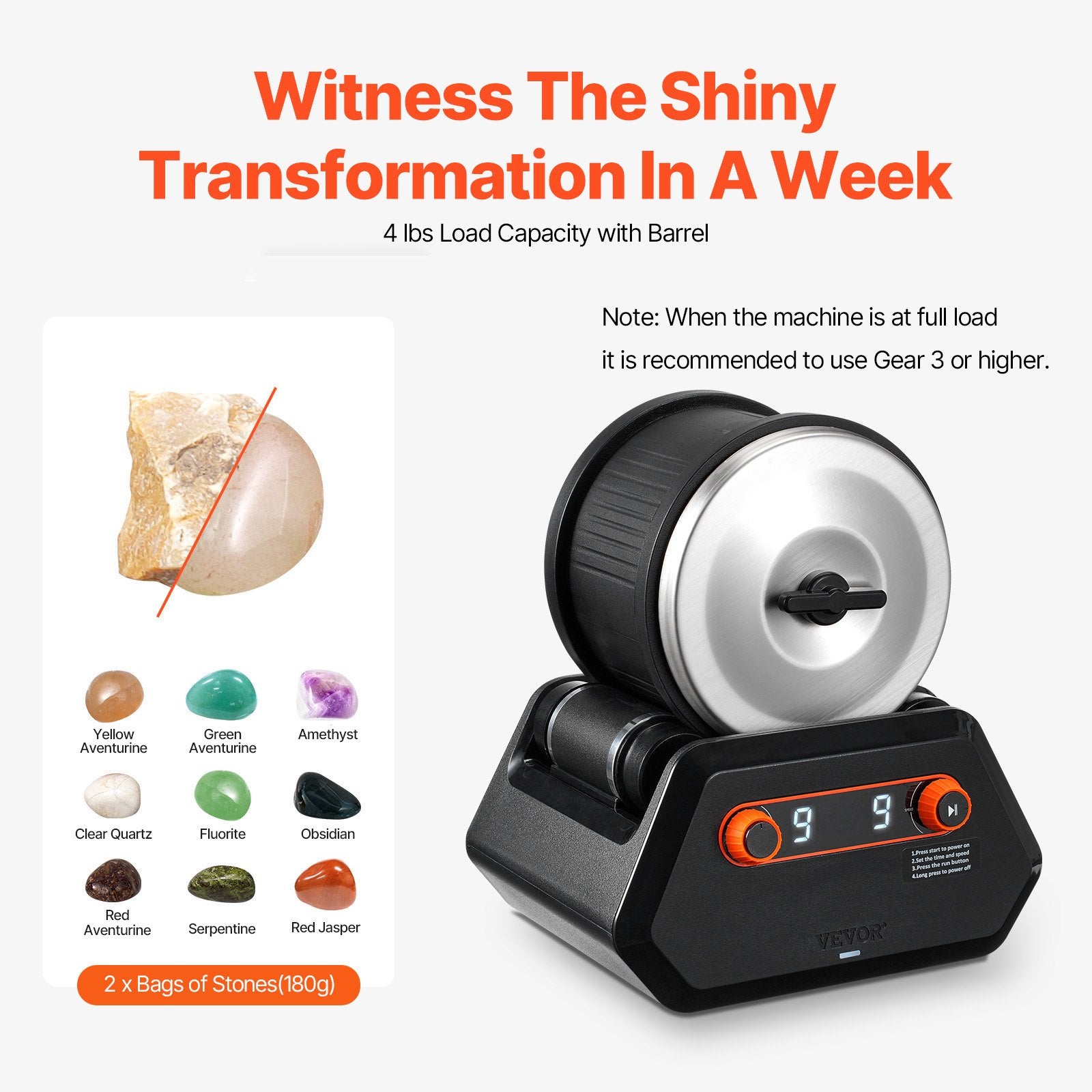 VEVOR Rock Tumbler Kit, 4 lbs Rock Polishing Kit, 9 Speed Settings 9-Day Polishing Timer Stone Polishing Kit, Rock Polisher with Rough Gemstones and Polishing Grits, Rock Polisher for Kids Adults