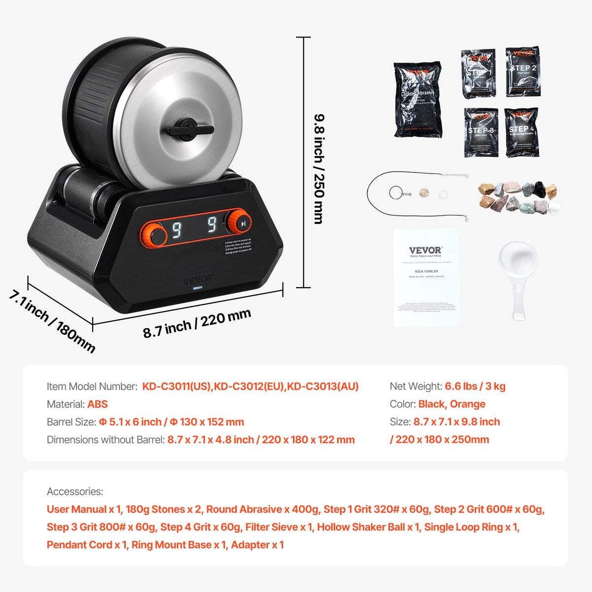 VEVOR Rock Tumbler Kit, 4 lbs Rock Polishing Kit, 9 Speed Settings 9-Day Polishing Timer Stone Polishing Kit, Rock Polisher with Rough Gemstones and Polishing Grits, Rock Polisher for Kids Adults