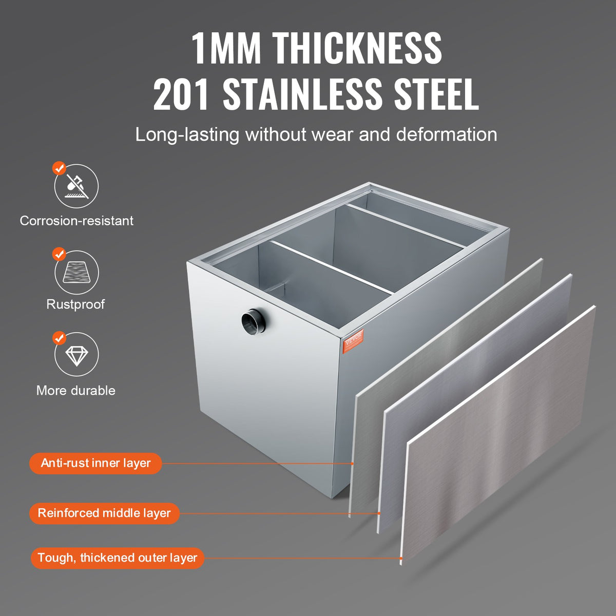 VEVOR Commercial Grease Trap, 40 LBS Grease Interceptor, Side Inlet Interceptor, Under Sink Stainless Steel Grease Trap, 10 GPM Waste Water Oil-water Separator, for Restaurant Canteen Home Kitchen