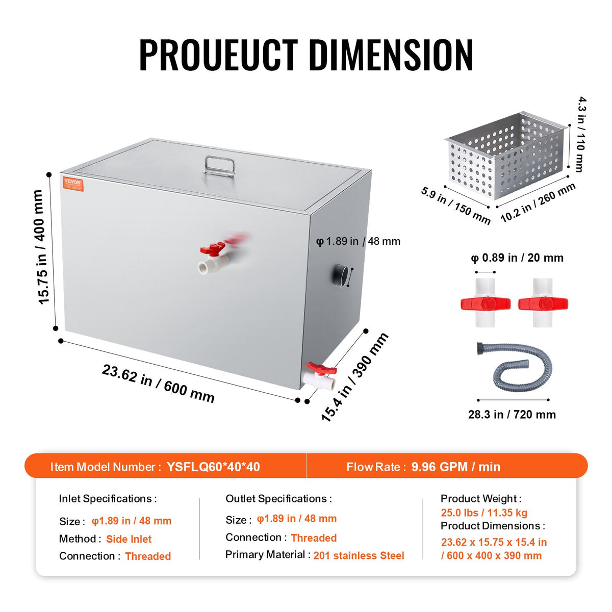 VEVOR Commercial Grease Trap, 40 LBS Grease Interceptor, Side Inlet Interceptor, Under Sink Stainless Steel Grease Trap, 10 GPM Waste Water Oil-water Separator, for Restaurant Canteen Home Kitchen