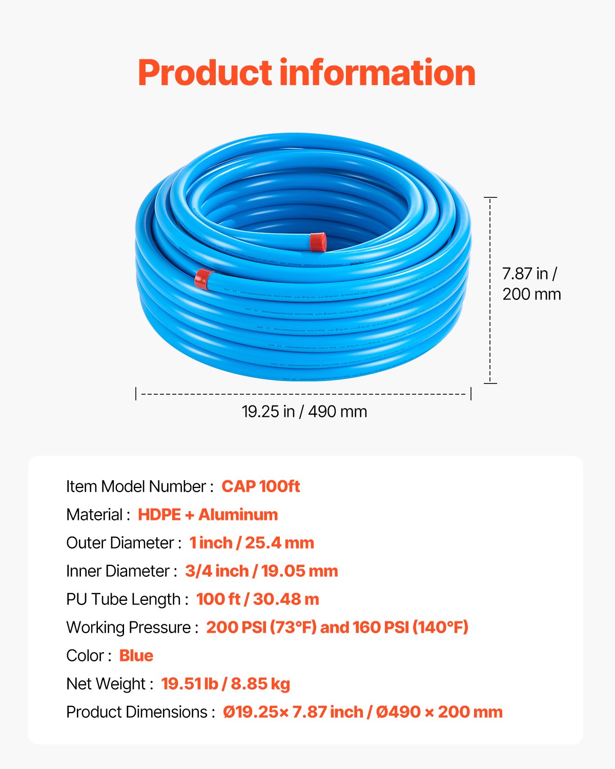 VEVOR Air Compressor Line Kit, 100FT x 3/4", HDPE-Aluminum Compressed Air Piping System, Leak-Proof, Pressure-Resistant & Easy-to-Install, Compressed Air Line Tubing Kit for Garages Workshops, Blue