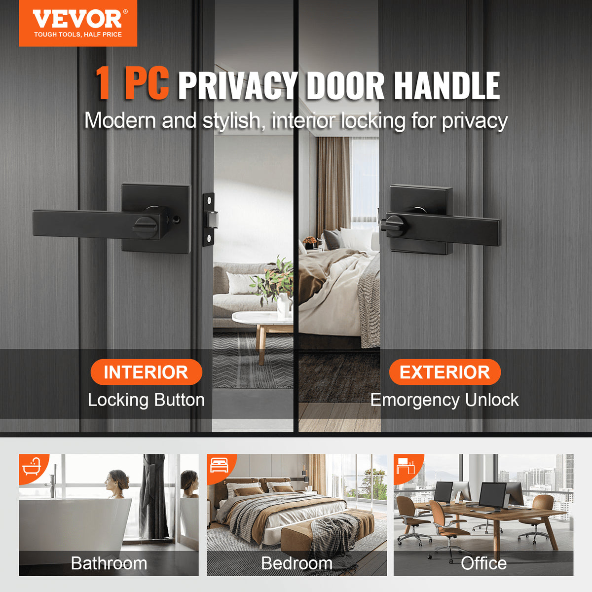 Privacy Door Handle, 10 Pack Matte Black Door Lever, Left or Right Handing Reversible Lever with Keyless Lock, 45° Rotation to Open, Universal Square Interior for Bedroom and Bathroom Doors