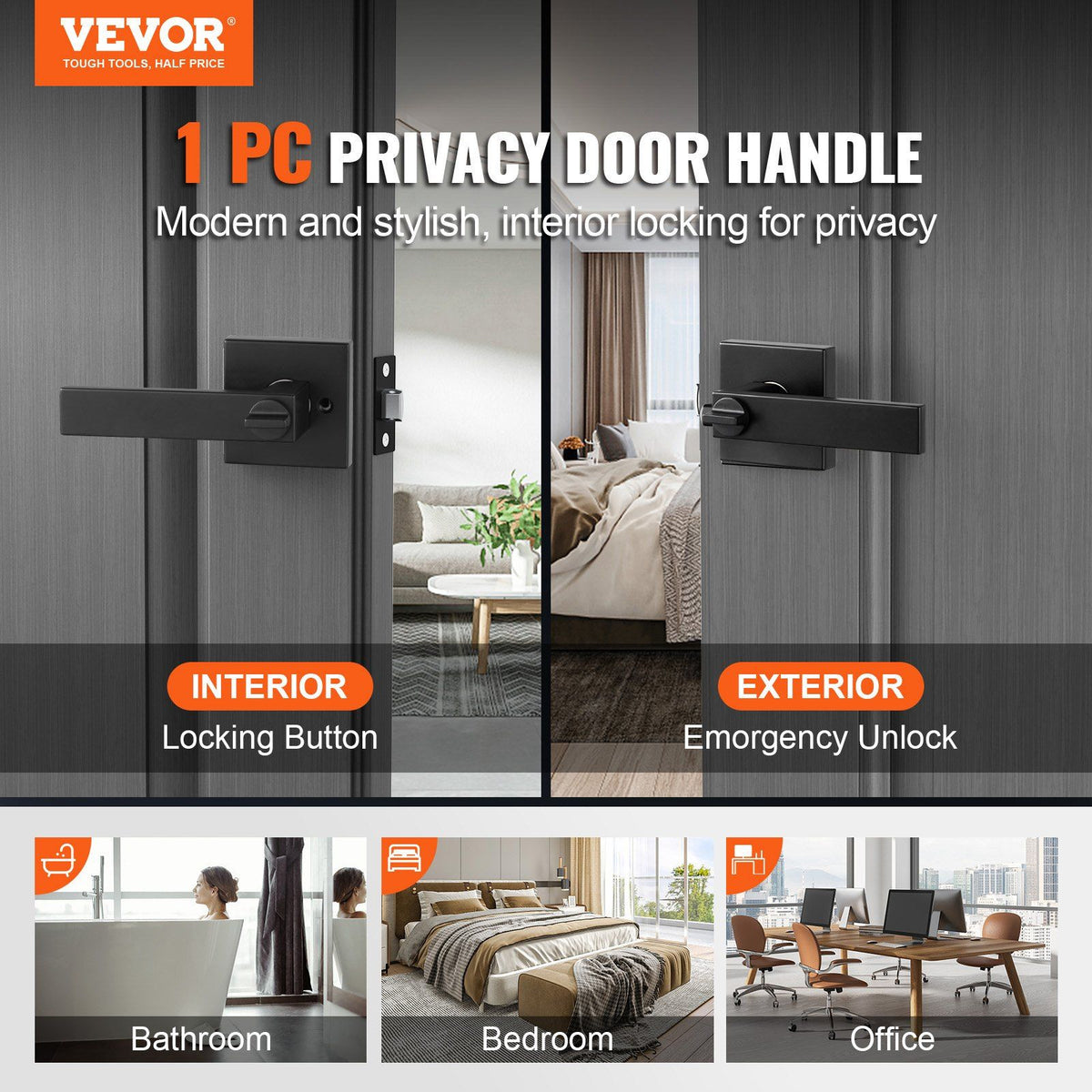 Privacy Door Handle, 1 Pack Matte Black Door Lever, Left or Right Handing Reversible Lever with Keyless Lock, 45° Rotation to Open, Universal Square Interior for Bedroom and Bathroom Doors