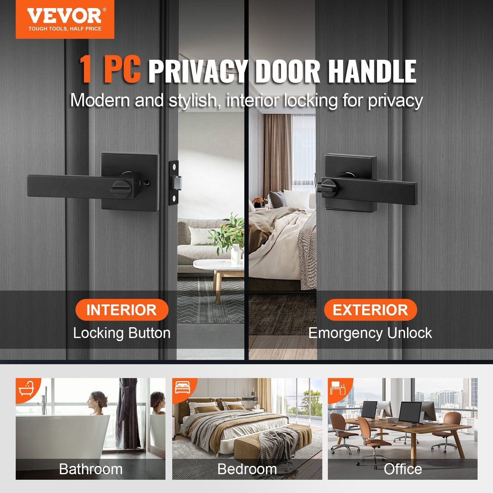 Privacy Door Handle, 1 Pack Matte Black Door Lever, Left or Right Handing Reversible Lever with Keyless Lock, 45° Rotation to Open, Universal Square Interior for Bedroom and Bathroom Doors