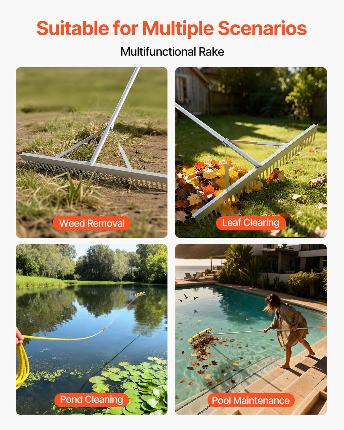 VEVOR Landscape Rake, 914 mm Wide Head 2590 mm Handle, Large Heavy Duty Aluminum Landscaping Leaf Rake Tool, Asphalt Level for Loosening Soil, Garden & Yard, Pond Gravel & Beach Lawn Care, 15.8m Rope