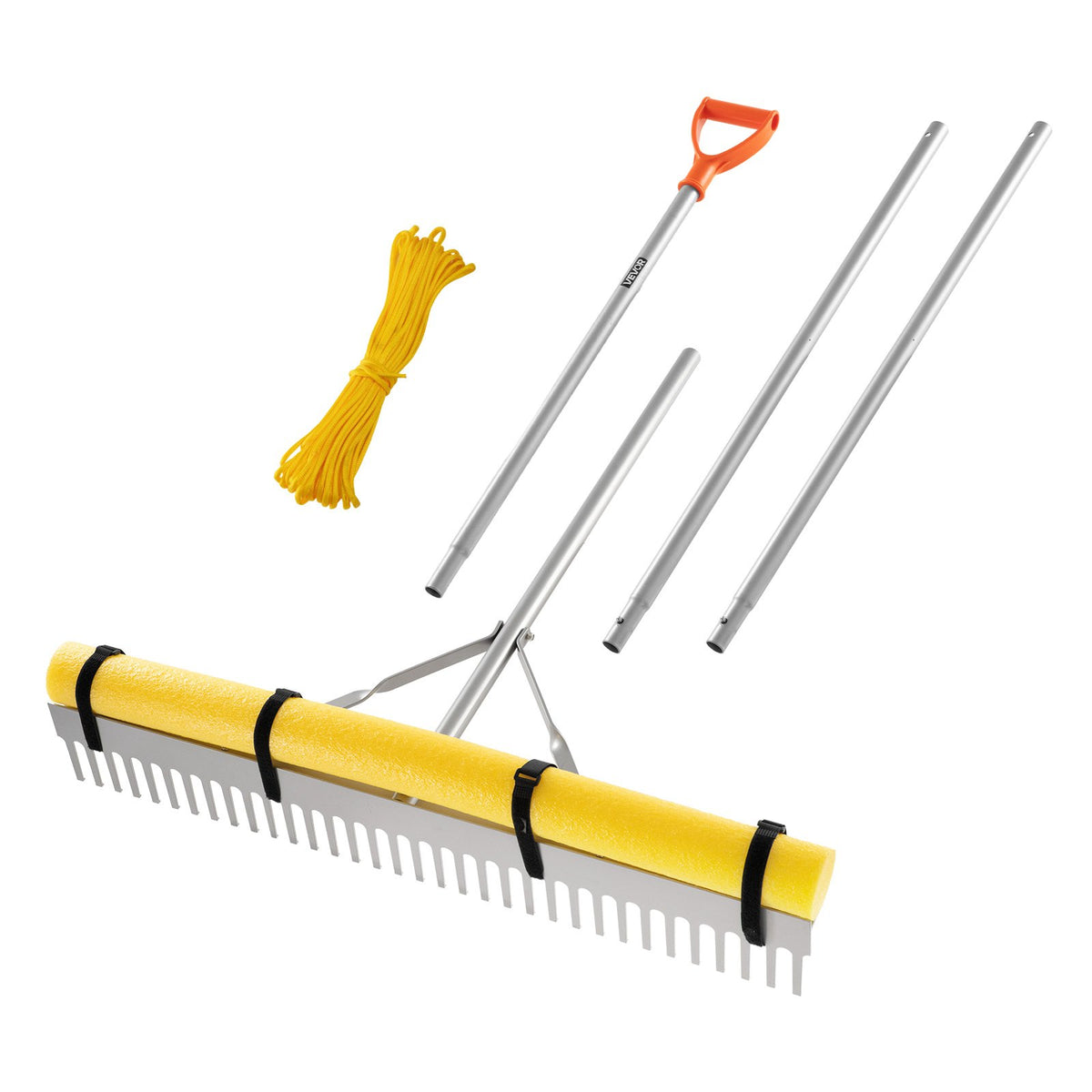 VEVOR Landscape Rake, 914 mm Wide Head 3380 mm Handle, Large Heavy Duty Aluminum Landscaping Leaf Rake Tool, Asphalt Level for Loosening Soil, Garden &amp; Yard, Pond Gravel &amp; Beach Lawn Care, 15.8m Rope