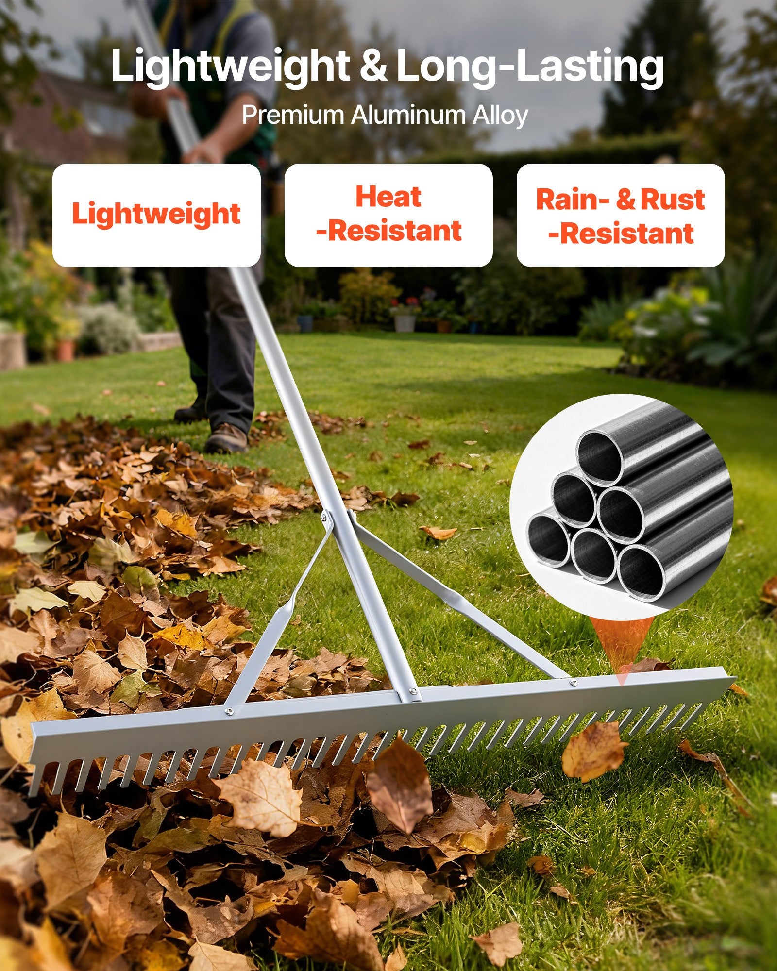 VEVOR Landscape Rake, 914 mm Wide Head 3380 mm Handle, Large Heavy Duty Aluminum Landscaping Leaf Rake Tool, Asphalt Level for Loosening Soil, Garden & Yard, Pond Gravel & Beach Lawn Care, 15.8m Rope