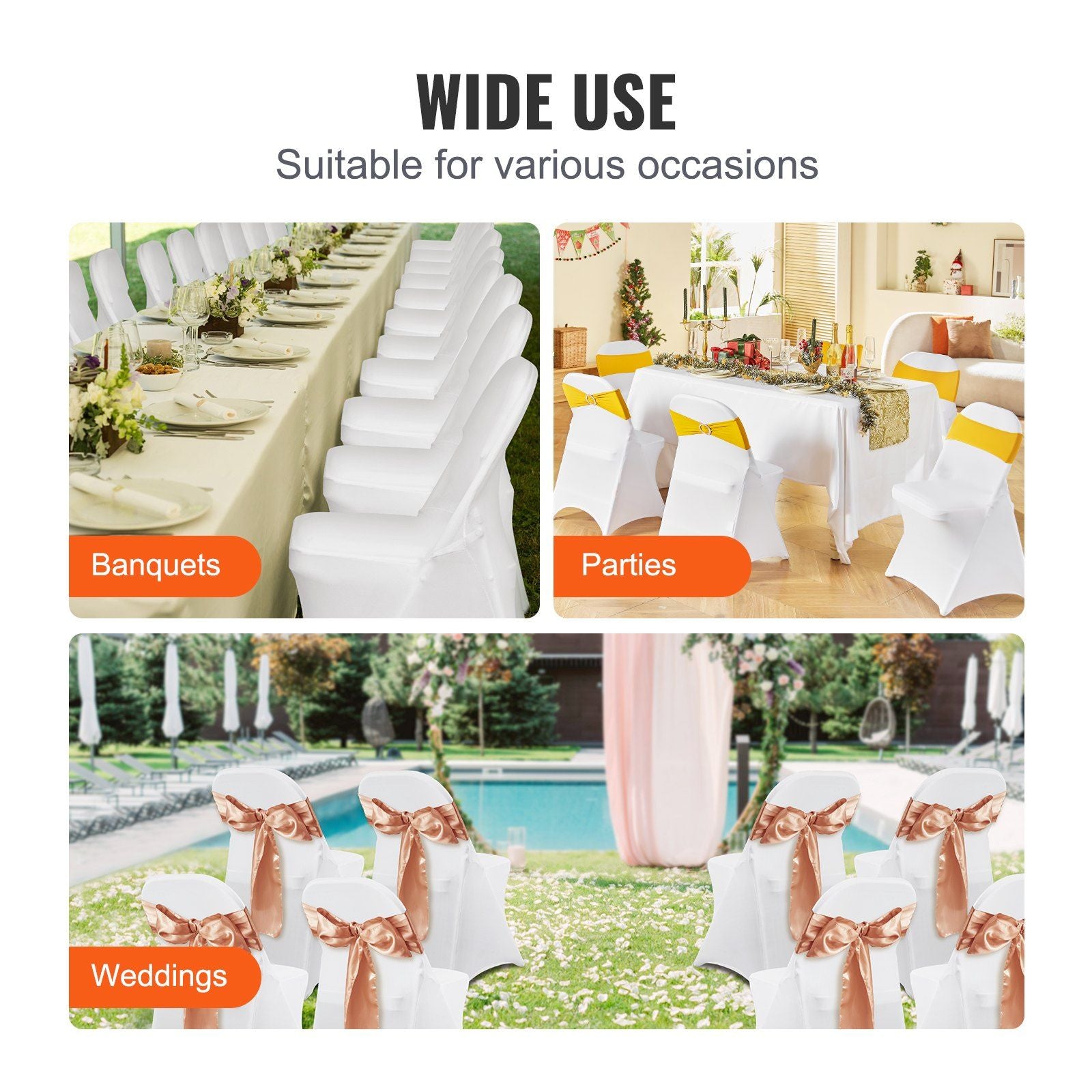 Stretch Spandex Folding Chair Covers, Universal Fitted Chair Cover, Removable Washable Protective Slipcovers, for Wedding, Holiday, Banquet, Party, Celebration, Dining (50PCS White)
