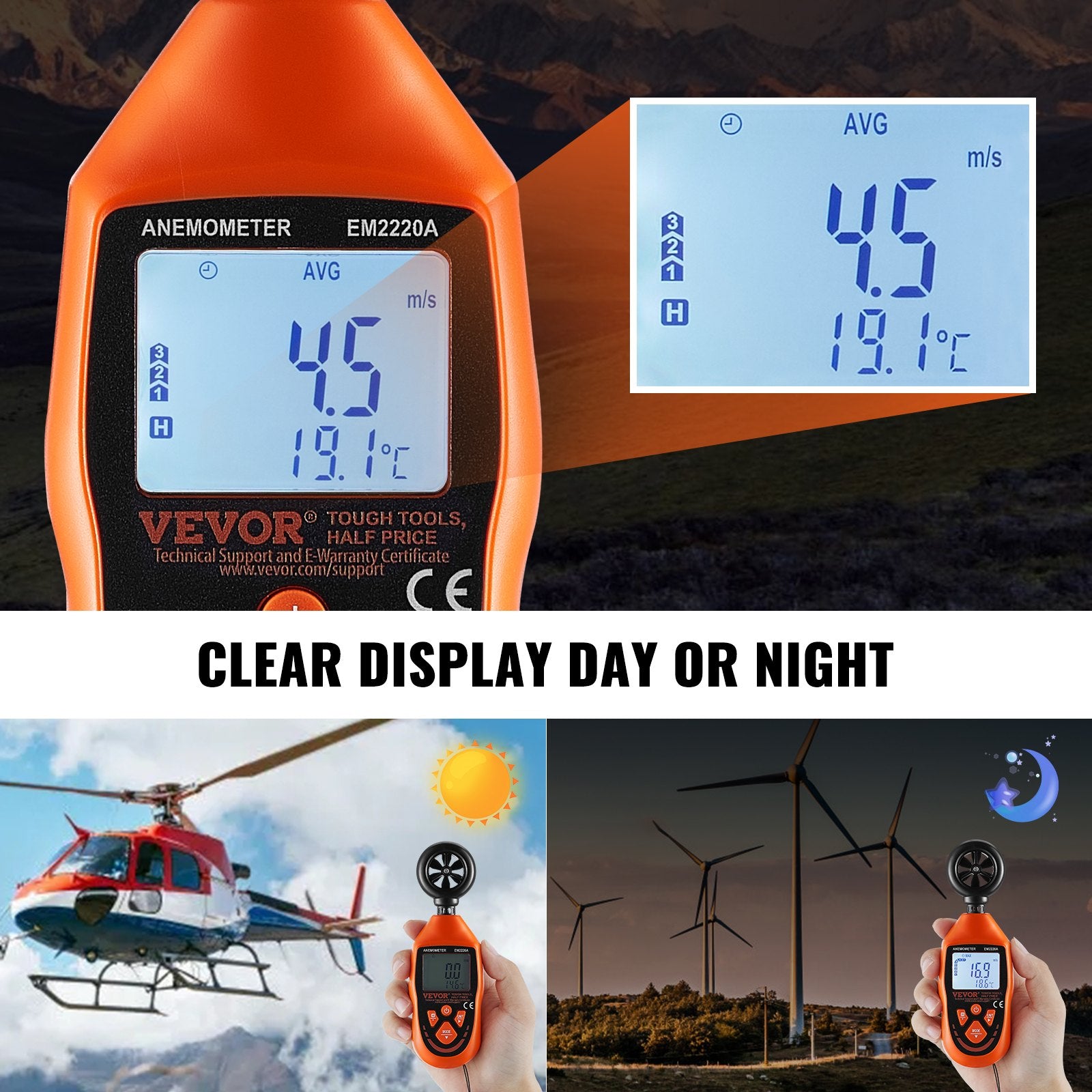 VEVOR Handheld Anemometer, -10℃ to 45℃, Digital Wind Speed Meter Gauge with LED Backlight Screen, Measures Wind Velocity Wind Temperature Air Flow Wind Chill, for Sailing Surfing Drone Flying HVAC