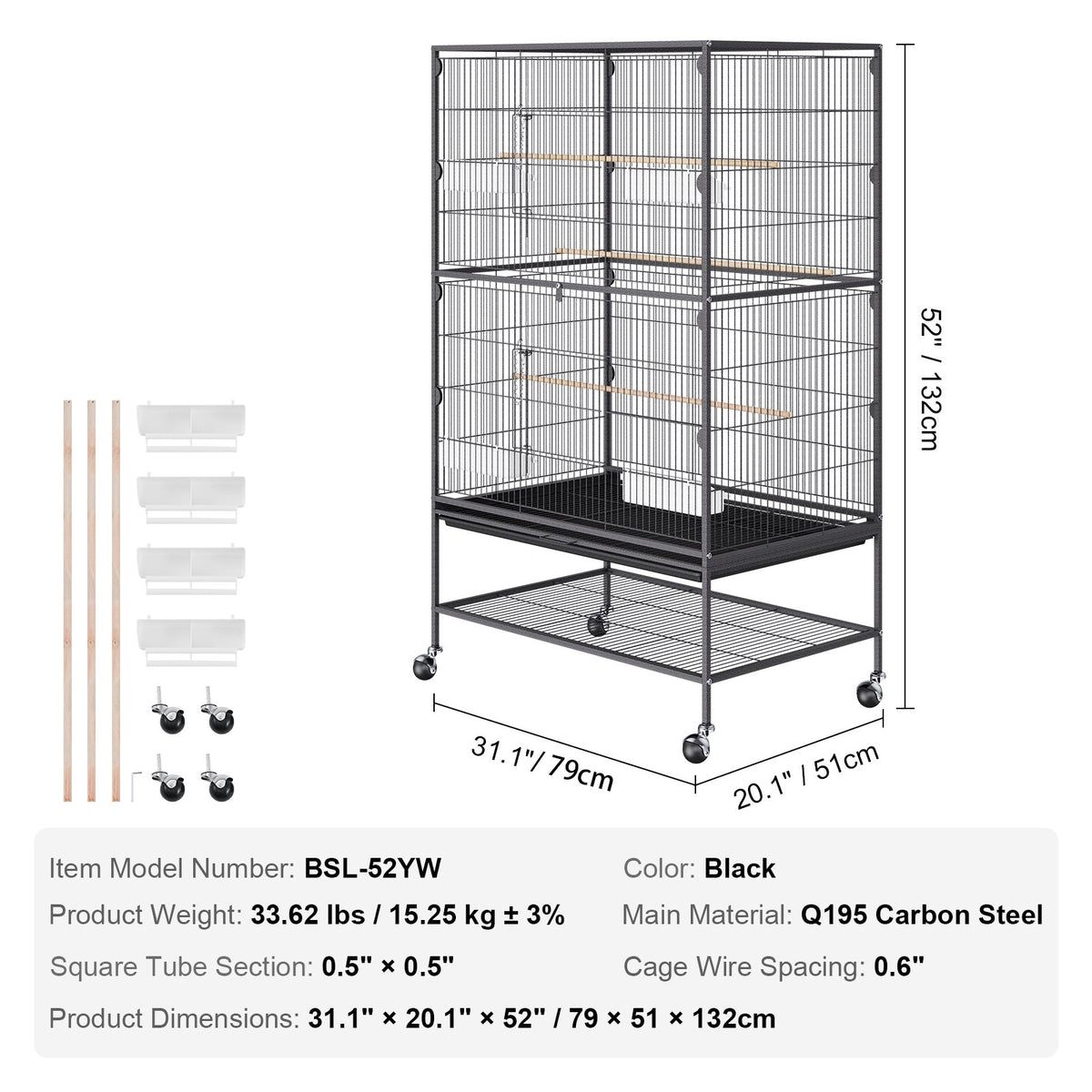 VEVOR 52 inch Standing Large Bird Cage, Carbon Steel Flight Bird Cage for Parakeets, Cockatiels, Parrots, Macaw with Rolling Stand and Tray