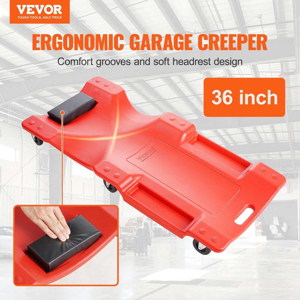 Mechanic Plastic Creeper, 914 mm, 158.8 kg Capacity Automotive Rolling Garage Creeper with Molded Ergonomic HDPE Body Padded Headrest & Dual Tool Trays 6 Wheels, for Garage Shop Auto Repair