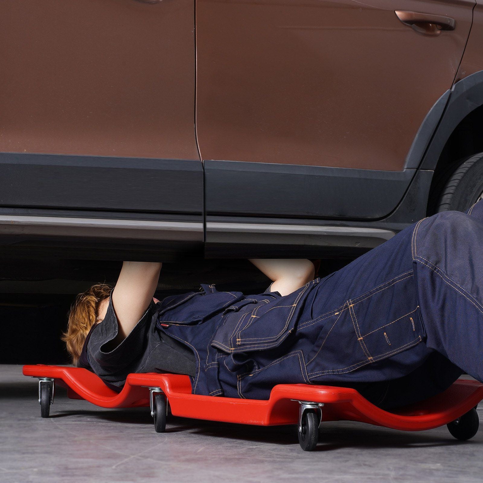 Mechanic Plastic Creeper, 914 mm, 158.8 kg Capacity Automotive Rolling Garage Creeper with Molded Ergonomic HDPE Body Padded Headrest & Dual Tool Trays 6 Wheels, for Garage Shop Auto Repair