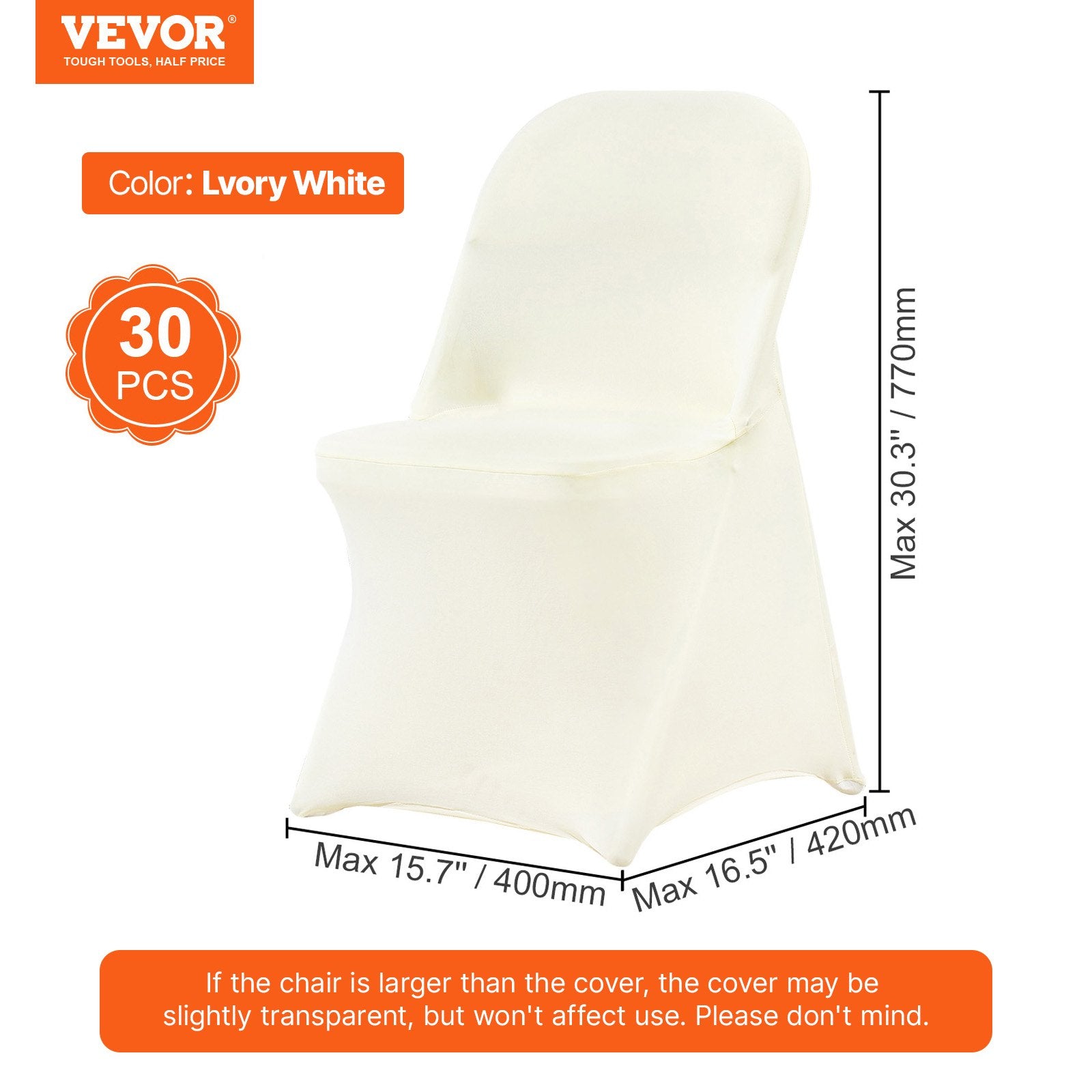 VEVOR Stretch Spandex Folding Chair Covers, Universal Fitted Chair Cover, Removable Washable Protective Slipcovers, for Wedding, Holiday, Banquet, Party, Celebration, Dining (30PCS Ivory White)