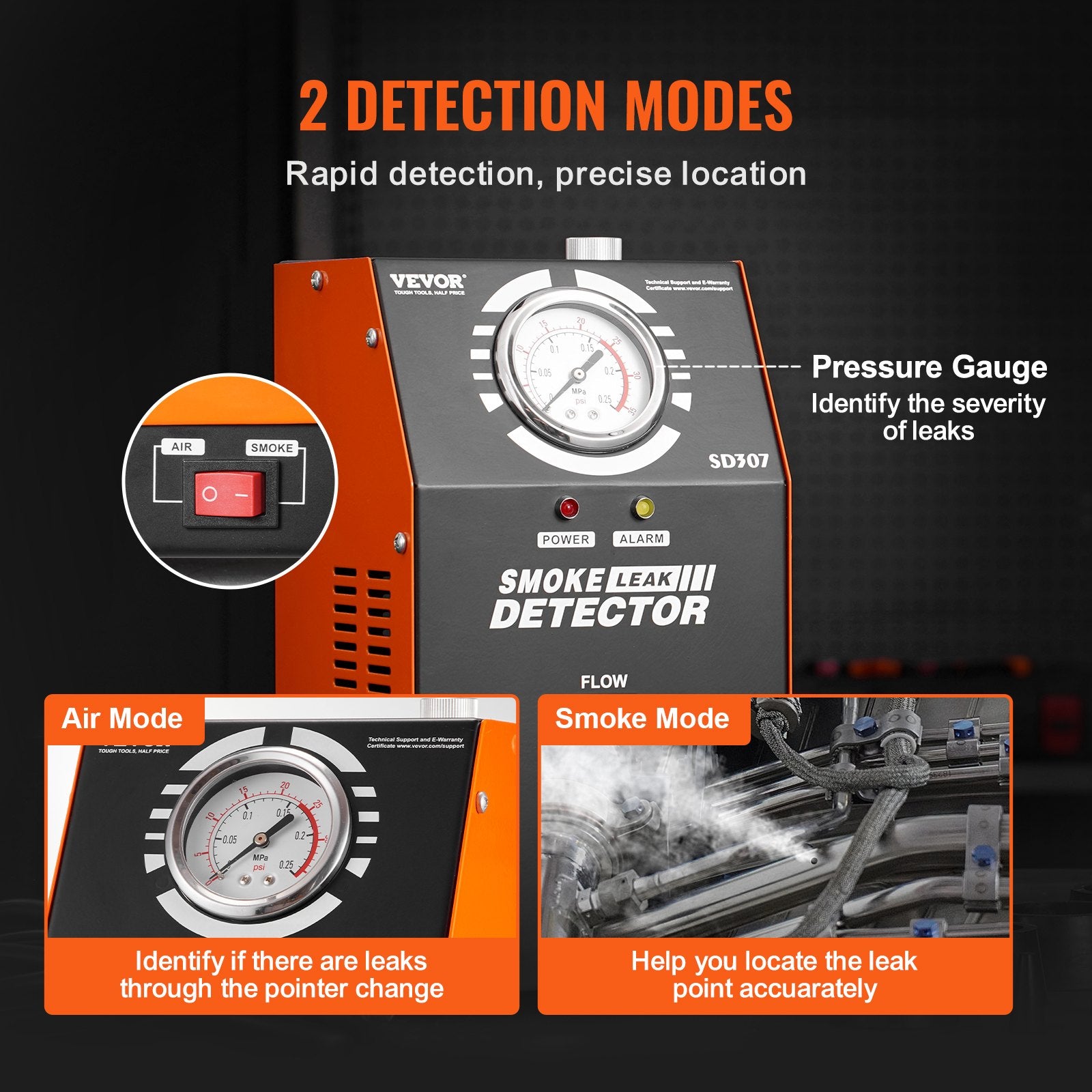 VEVOR Automotive Smoke Machine Leak Detector, EVAP Vacuum Fuel Leak Tester with Built-in Air Pump, Pressure Gauge & Flow Meter, 2-Mode Vacuum Pipe Fuel Diagnostic Detector for 12V Cars Trucks Boats