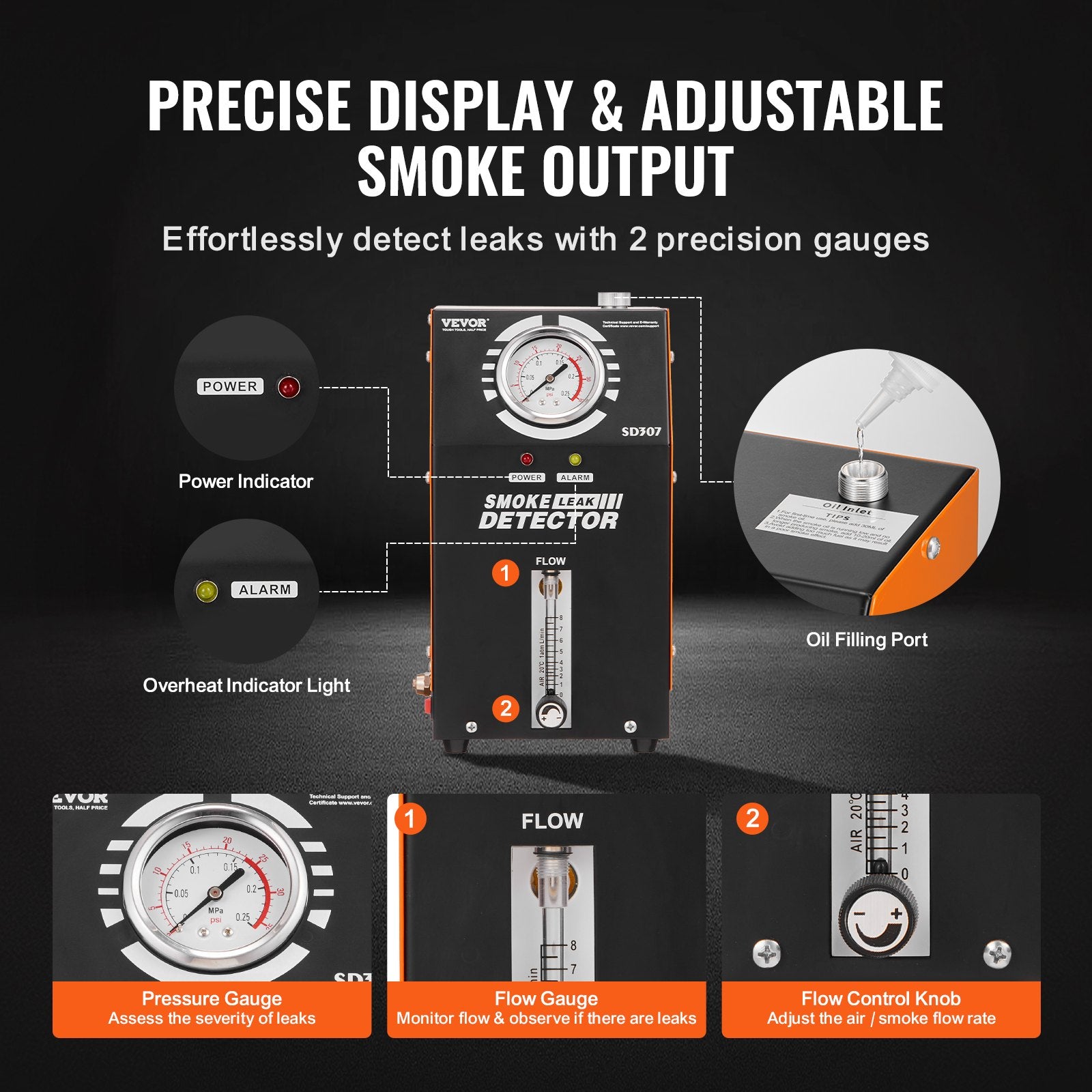 VEVOR Automotive Smoke Machine Leak Detector, EVAP Vacuum Fuel Leak Tester with Built-in Air Pump, Pressure Gauge & Flow Meter, 2-Mode Vacuum Pipe Fuel Diagnostic Detector for 12V Cars Trucks Boats