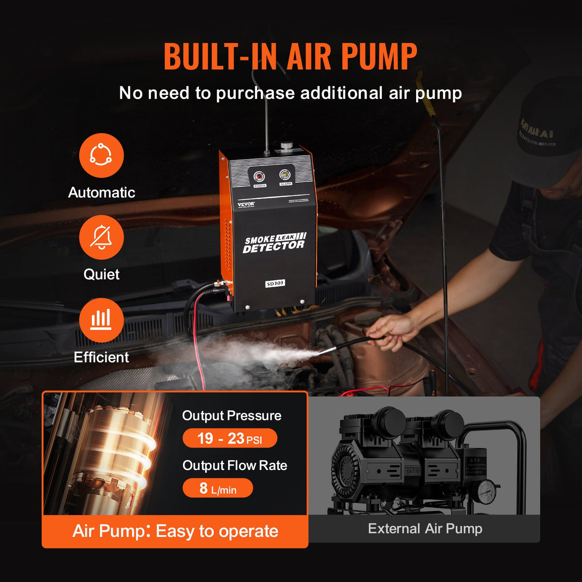 VEVOR Automotive Smoke Machine Leak Detector, EVAP Smoke Machine Leak Tester with Built-in Air Pump, Dual-Mode Vacuum Pipeline Fuel Diagnostic Detector for DC12V Cars, Motorcycles, Trucks, Boats, ATVs