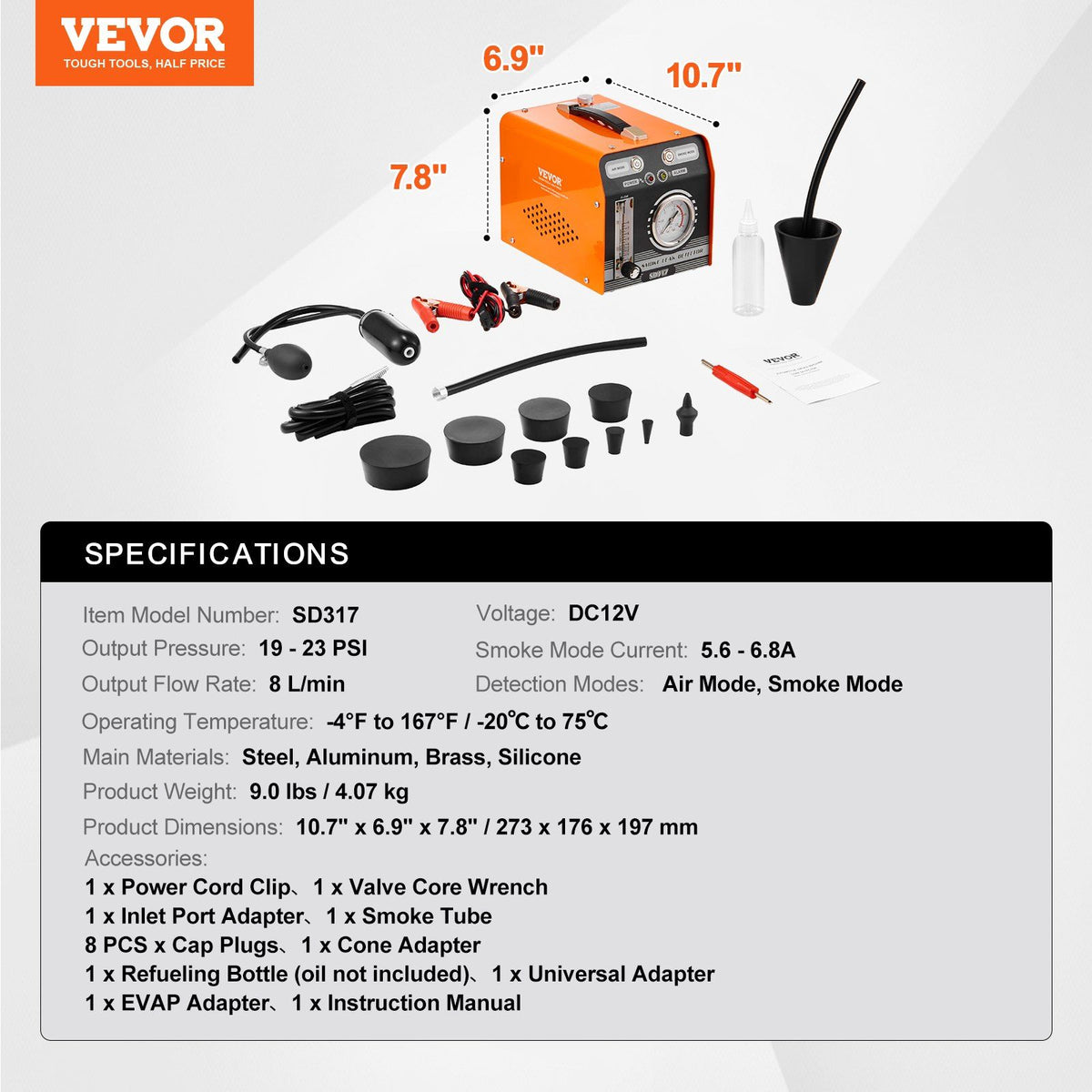 Automotive Smoke Machine Leak Detector, EVAP Smoke Machine Leak Tester with Built-in Air Pump, Pressure Gauge & Flow Meter, Dual-Mode Diagnostic Leak Detector for Vacuum, Fuel, Pipeline Testing