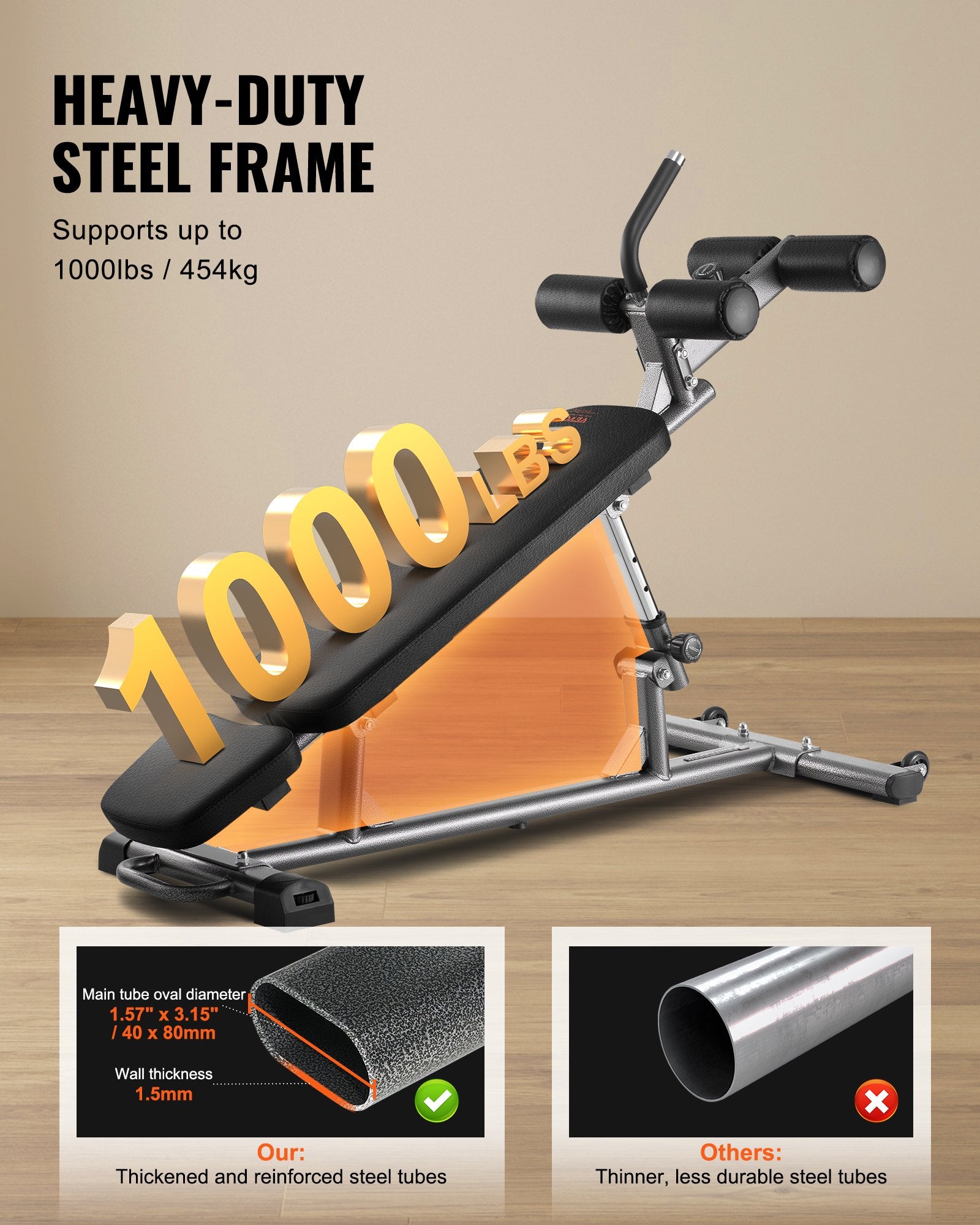 VEVOR Sit Up Bench, Decline Ab Bench with Reverse Crunch Handle, with 4 Adjustable Height Settings, Heavy Duty Steel, 454 kg Capacity, for Home Gym Workouts, Strength Training, Full Body Muscles