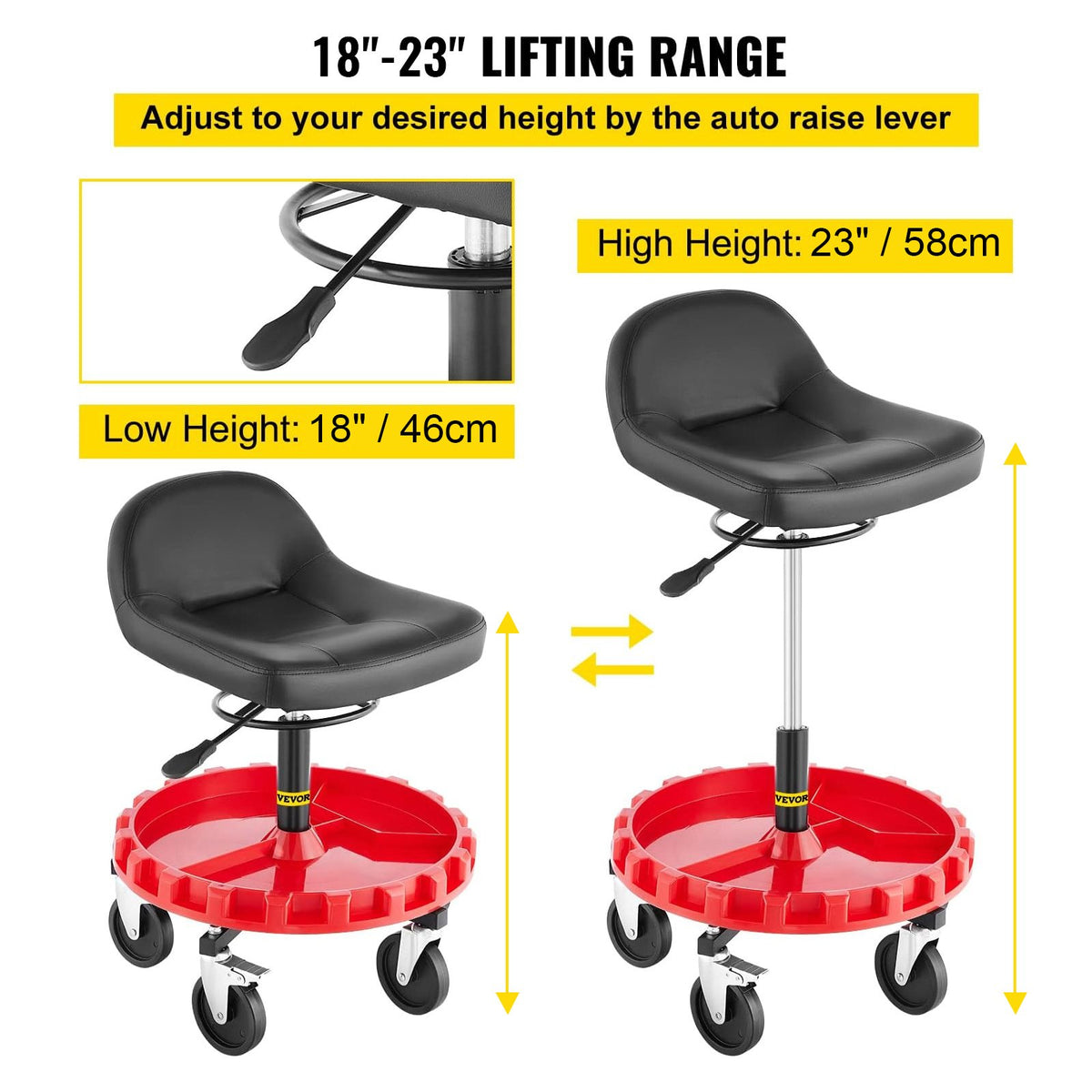 VEVOR Shop Stool, 135 kg Rolling Garage Stool, 56 cm to 66 cm Adjustable Height Mobile Rolling Gear Seat, Round Tray Garage Pneumatic Stool, All-Terrain 12.7 cm Casters with Two Brakes Mechanic Seat