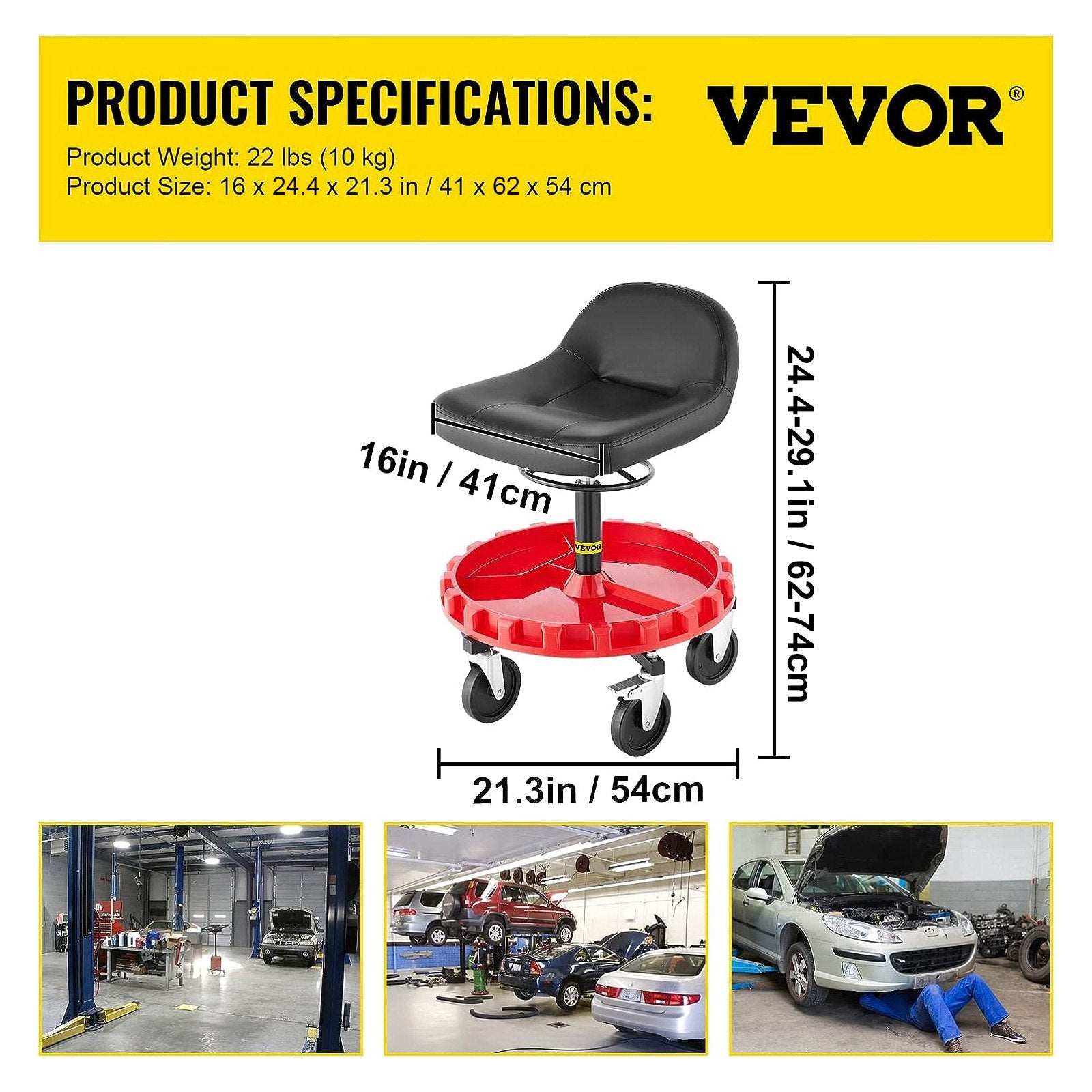 VEVOR Shop Stool, 135 kg Rolling Garage Stool, 56 cm to 66 cm Adjustable Height Mobile Rolling Gear Seat, Round Tray Garage Pneumatic Stool, All-Terrain 12.7 cm Casters with Two Brakes Mechanic Seat