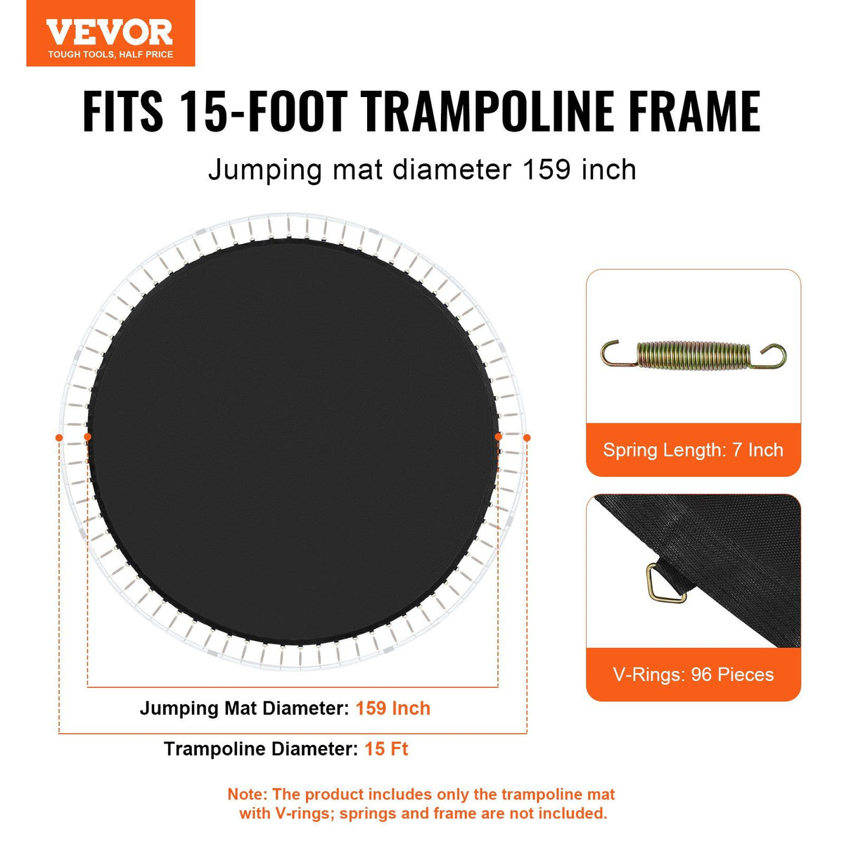 Replacement Trampoline Mat, Jumping Mat Fits 15ft Frame, Universal Jumping Mat for 15ft Round Trampoline, Reinforce UV-Resistant Mat with Spring Tool & Durable V-Rings, Fit 7" Spring Length